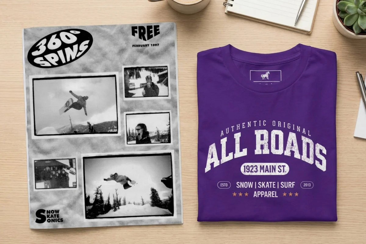 360 Spins Magazine and a 1923 Main Street t-shirt.