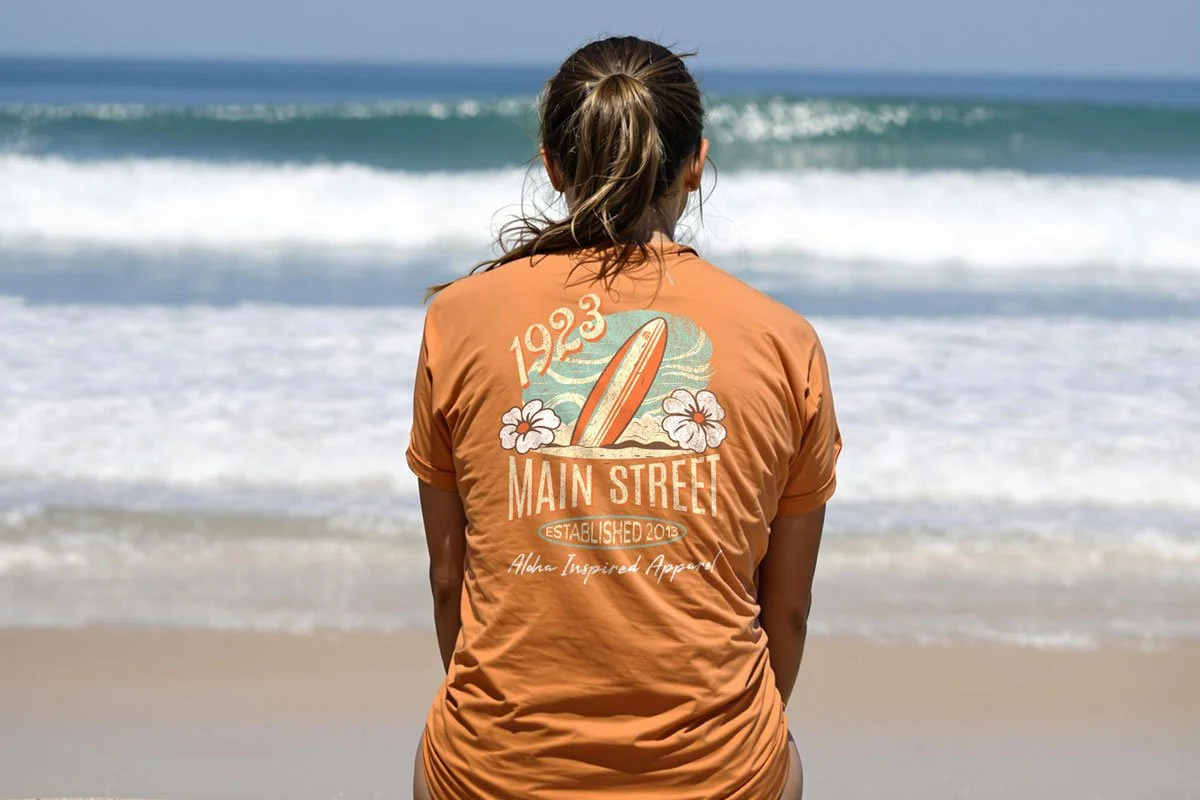 Aloha Inspired surfing t-shirt by 1923 Main Street.