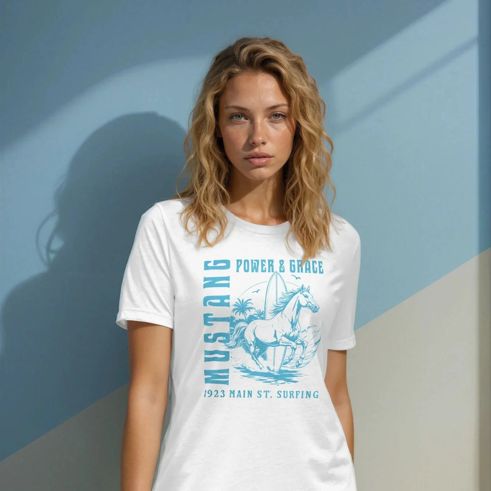 Mustang Power and Grace, women's surfing t-shirt on model.