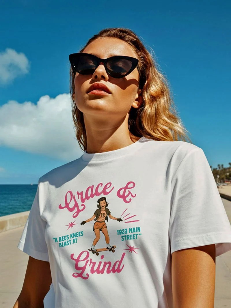 Grace and Grind women's retro skateboard t-shirt.