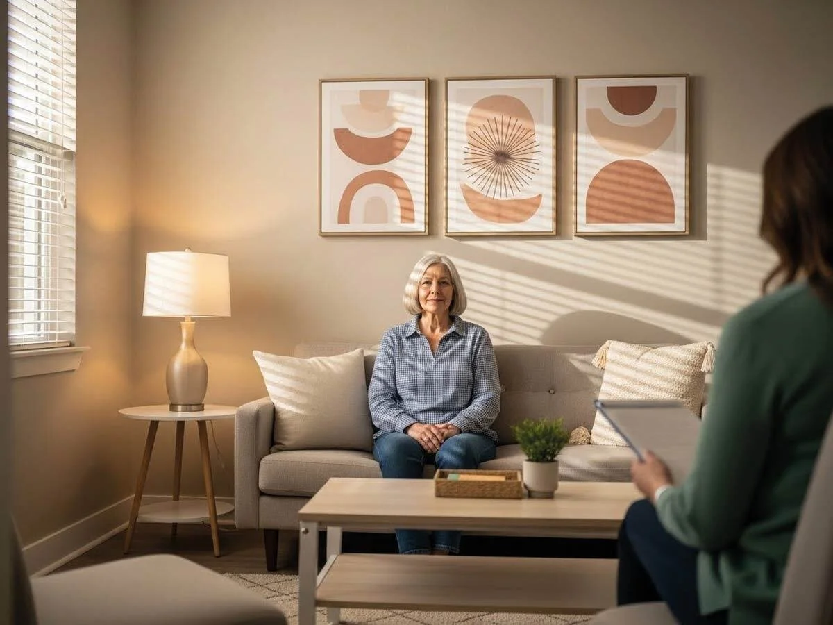 Adult receiving trauma therapy support in a calm session setting