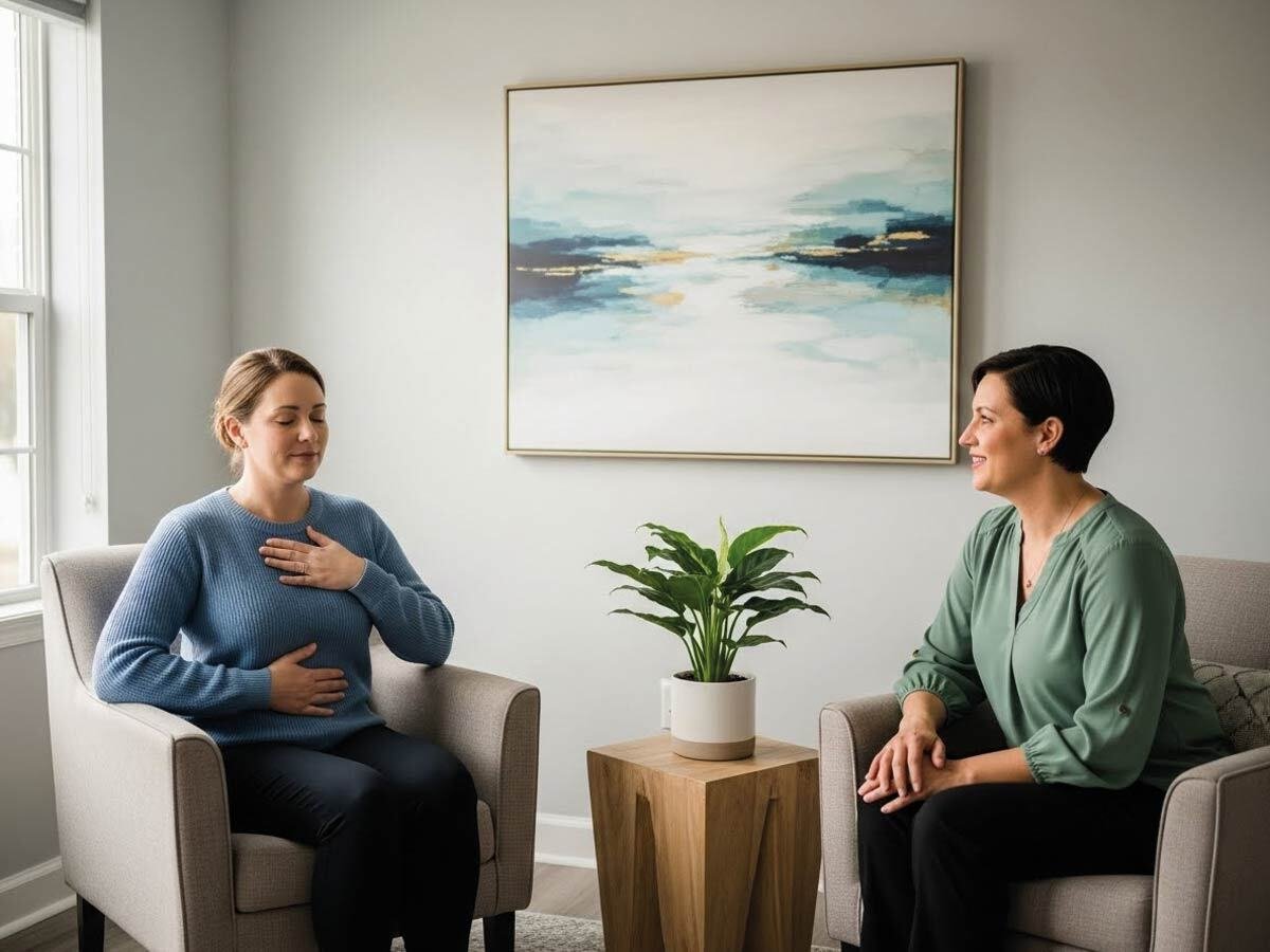 Anxiety therapist helping a client manage stress and panic