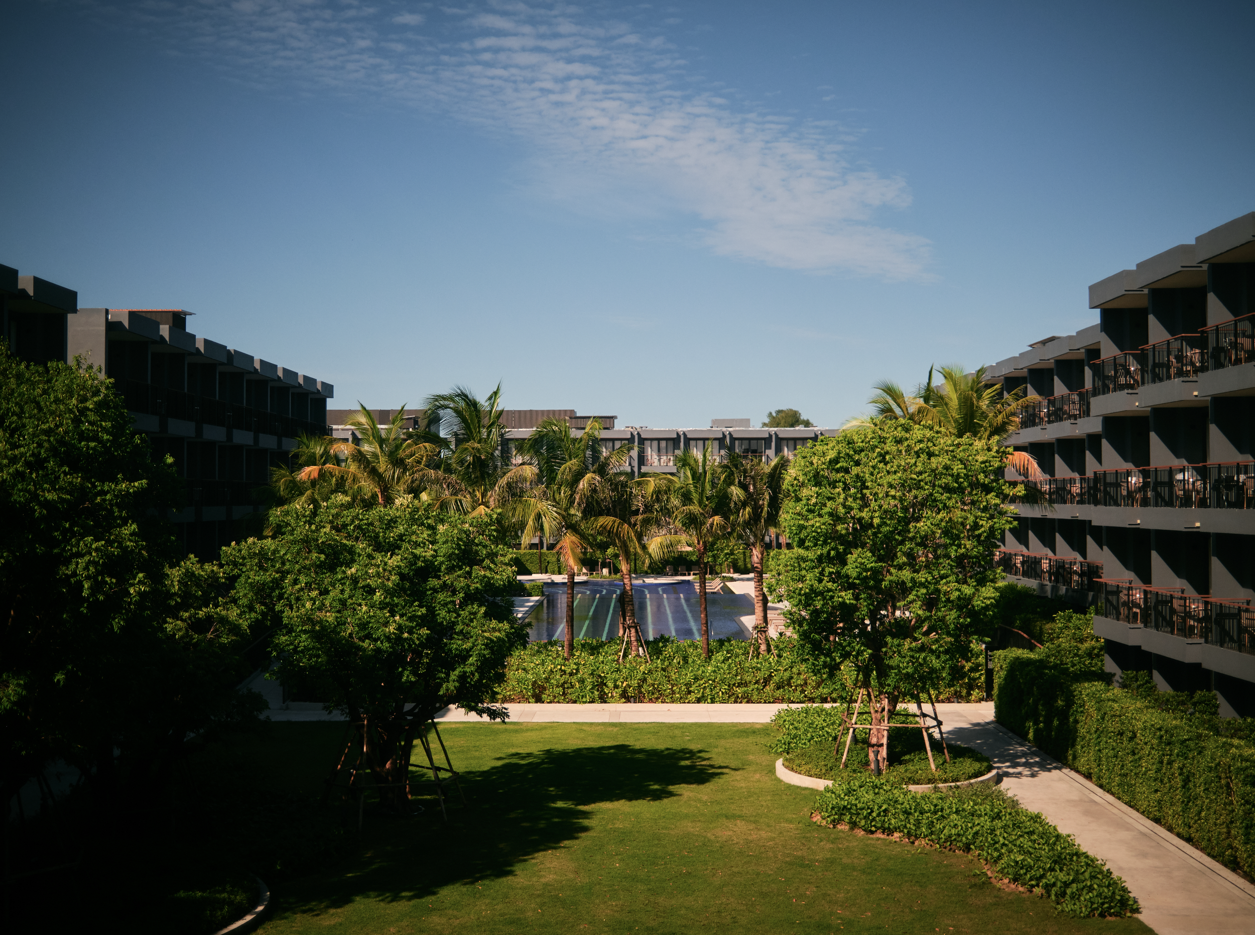 View of a sunny outdoor area with green trees, a grassy lawn, palm trees, and multi-story apartment buildings with balconies under a partly cloudy blue sky.