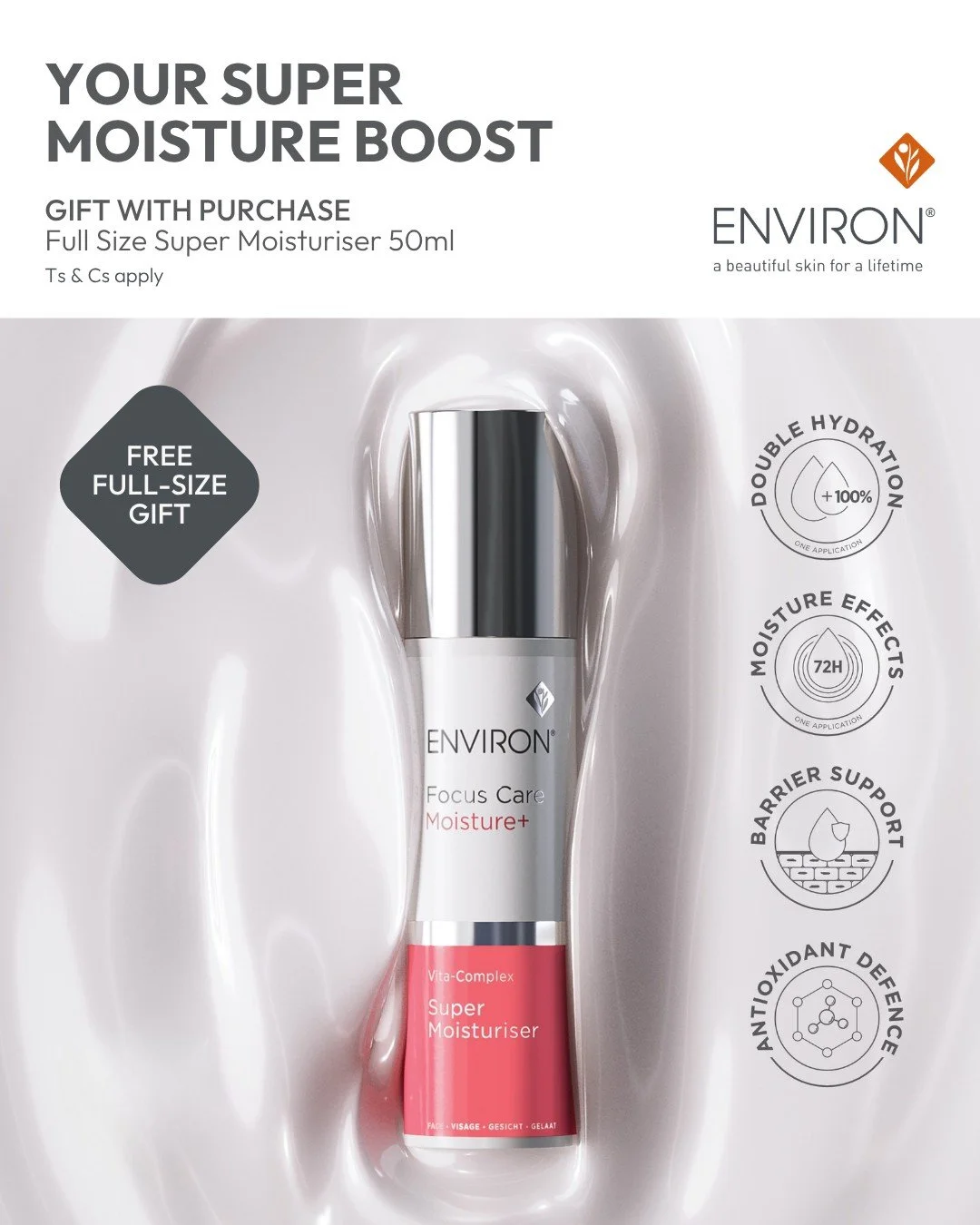 🎁 FREE Environ Super Moisturiser (value $102)

Purchase any 3 Environ products, including 1 Vitamin A moisturiser, and we'll gift you a full-size Super Moisturiser!

✨ Double hydration in 1 application ✨ 72-hour moisturising benefits ✨ Barrier suppo