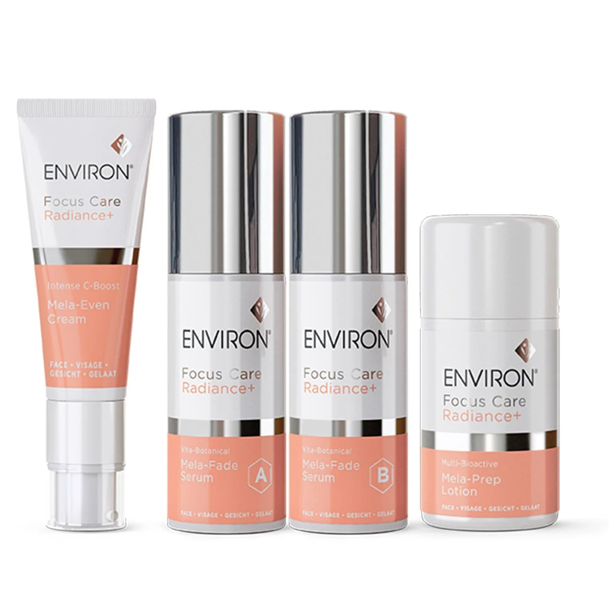 Set of skincare products from Environ Focus Care Radiance+ line including Intense C-Boost Mela-Even Cream, two Mela-Fade Serums labeled A and B, and Mela-Prep Lotion.