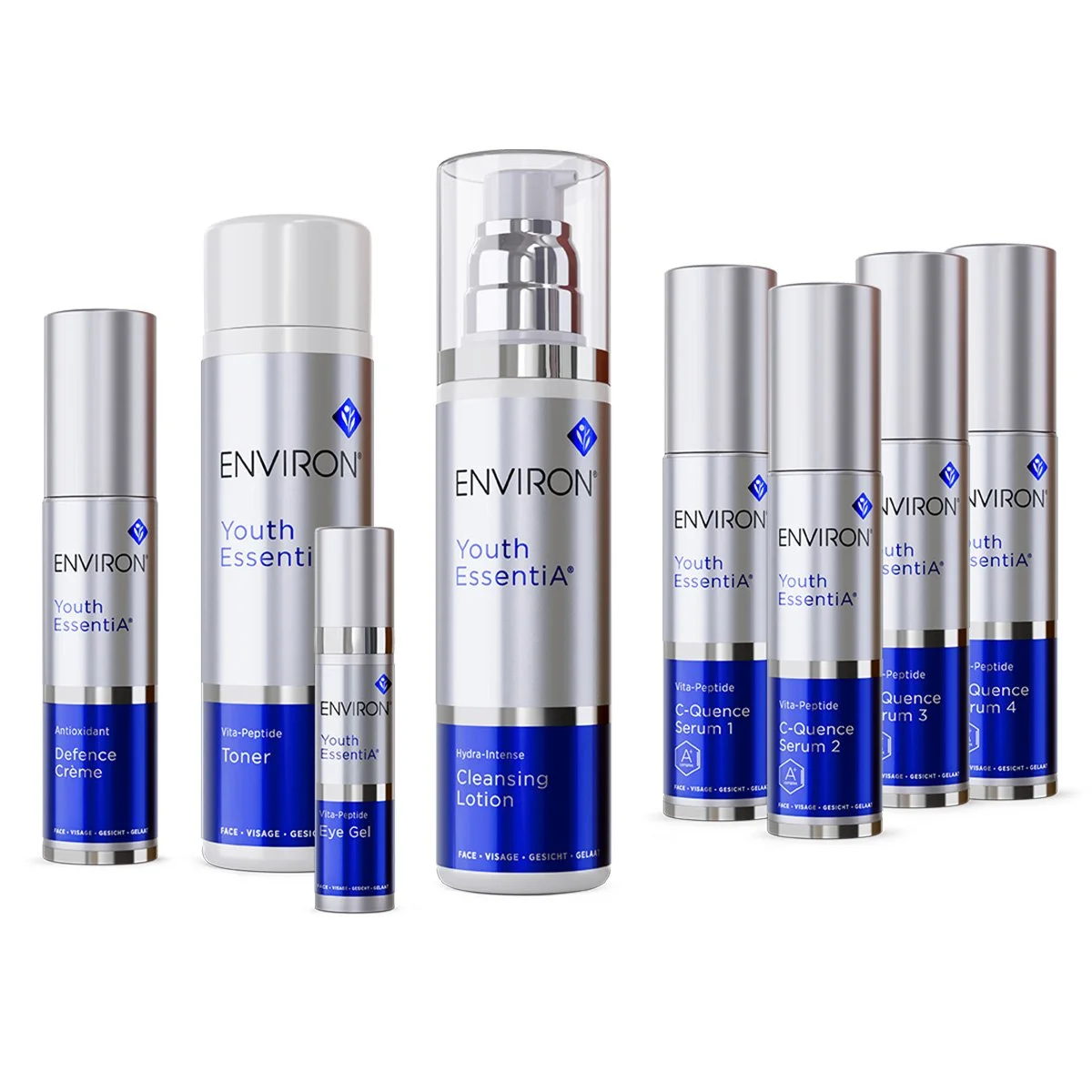 Skin care products from the Environ Youth EssentiA line, including cleansing lotion, toner, eye gel, and multiple serums.