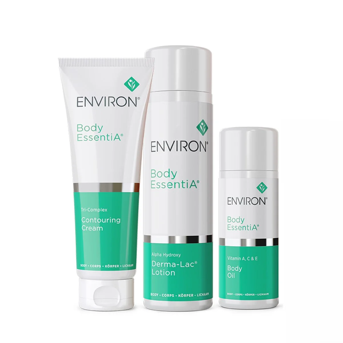 Three Environ Body EssentiA skincare products include a contouring cream, a lotion, and a body oil, all with white and green packaging.