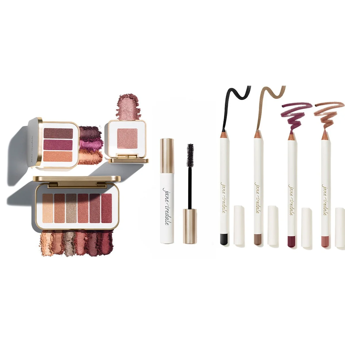 A collection of makeup products including eyeshadow palettes with shades of pink, beige, and brown, four liquid eyeliners in black, brown, and pink, a mascara, and five lip liners or liquid lip products in various shades.