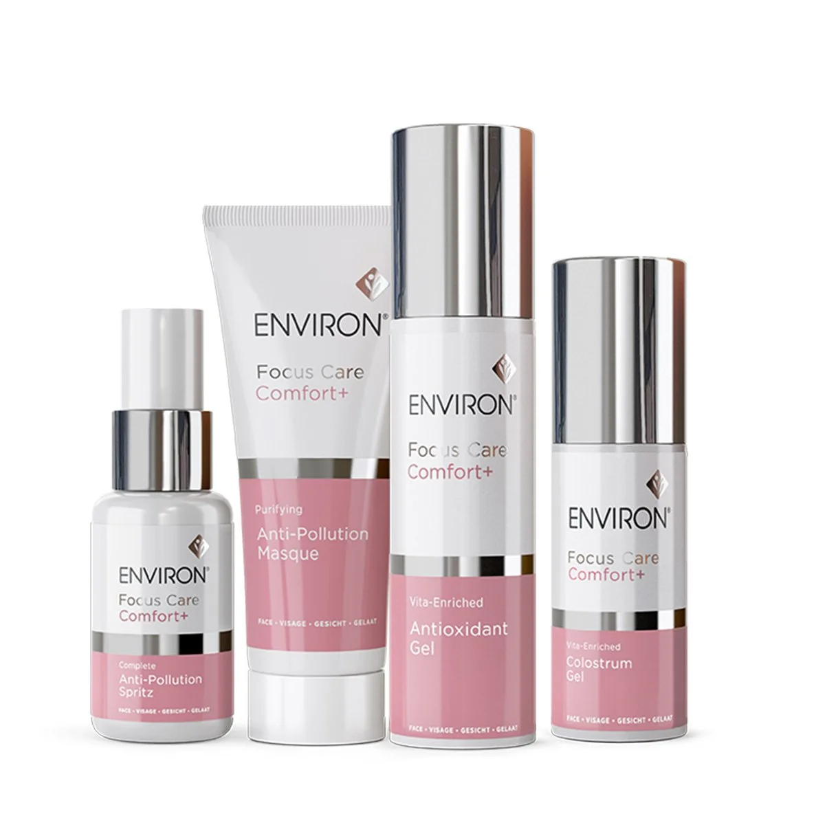 Collection of four skincare products from Environ's Focus Care Comfort+ line, including anti-pollution spray, masque, antioxidant gel, and colostrum gel.