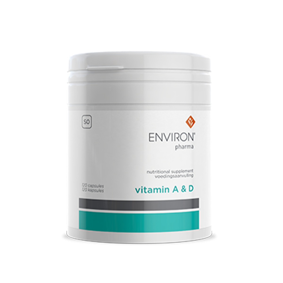 White container of Environ Pharma vitamin A and D dietary supplement with a white background.