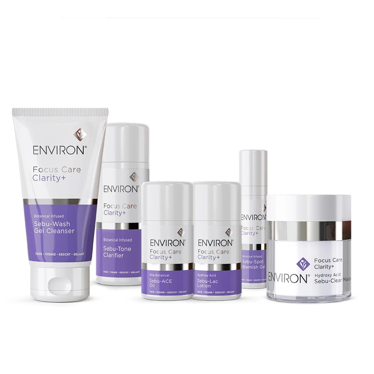 Set of skincare products from Environ's Focus Care Clarity+ line, including cleansers, toners, serums, and moisturizer bottles and a jar.