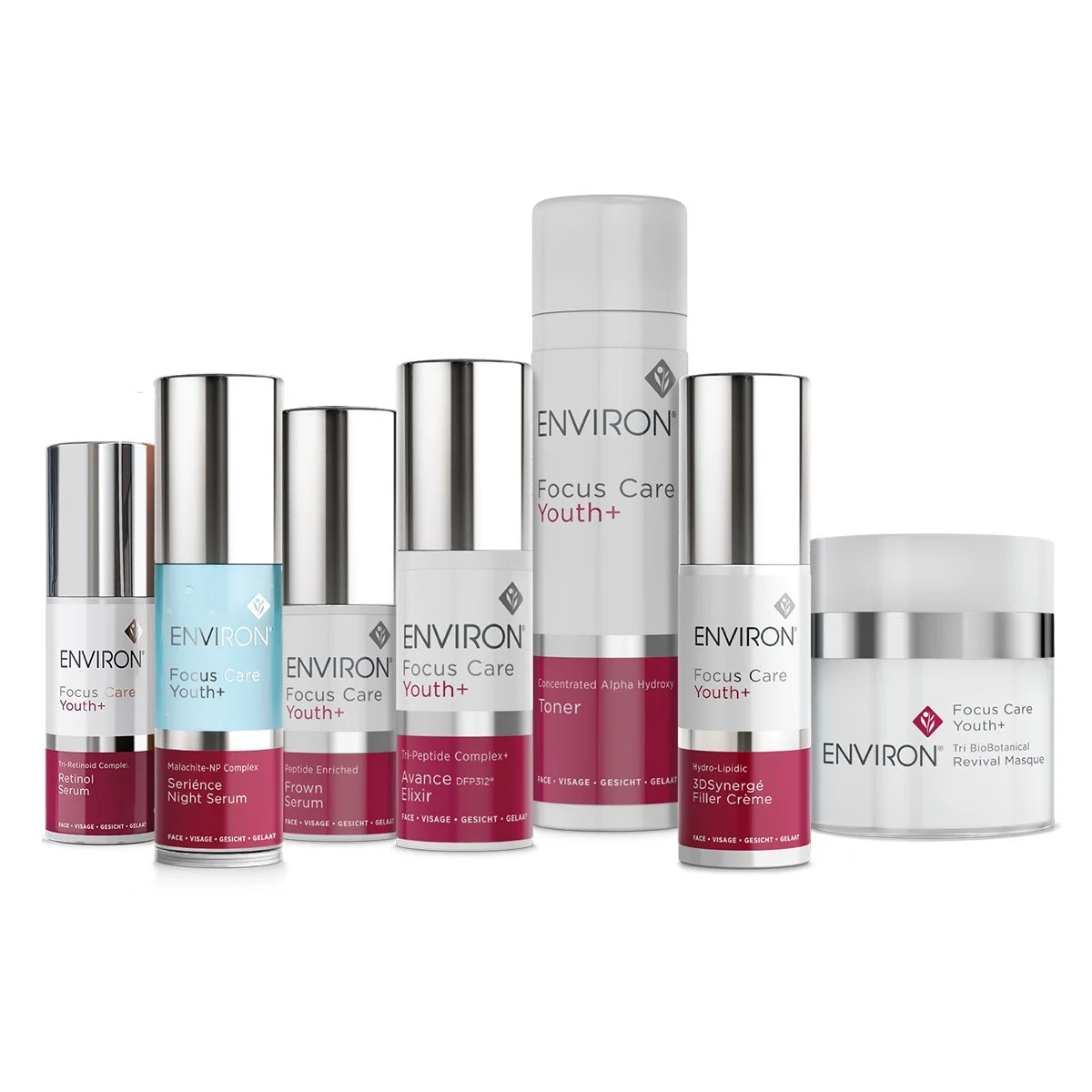 Collection of skincare products including serums, toner, elixir, filler cream, and a masque from Environ's Focus Care Youth+ line.