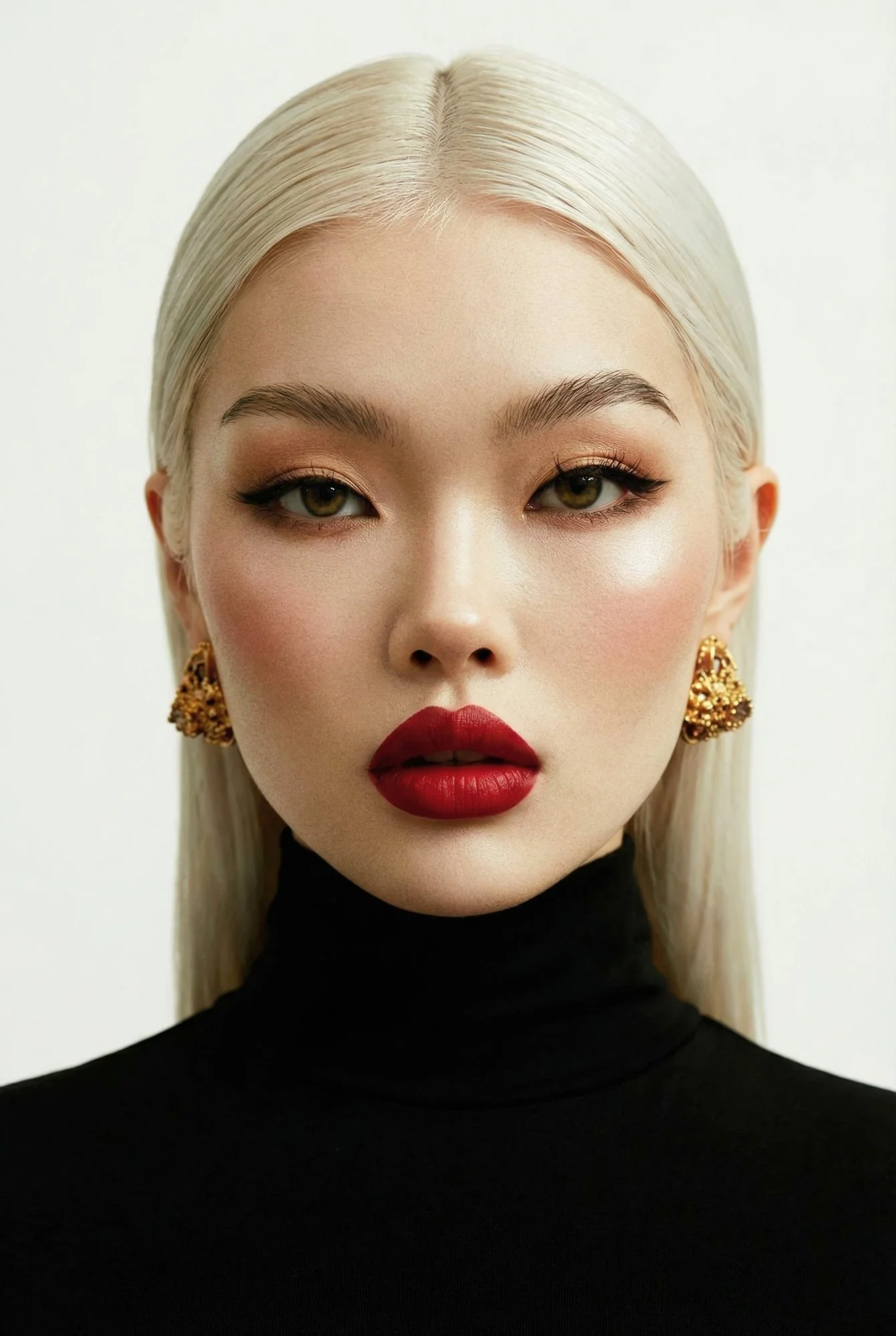 Frontal beauty portrait of a model with platinum blonde hair and red lipstick, clean symmetrical composition with natural skin texture and controlled studio lighting.