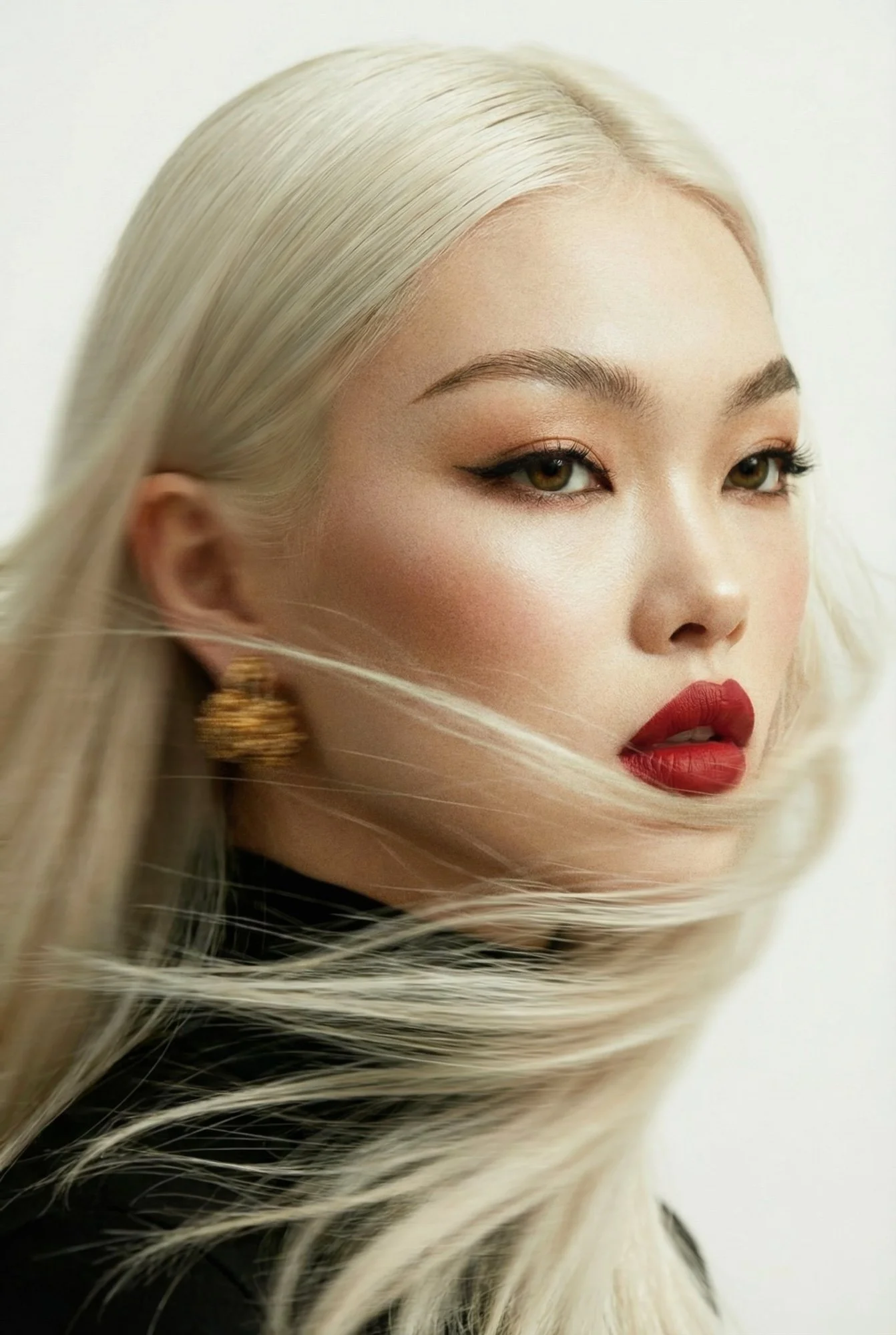 Editorial beauty portrait of a model with platinum blonde hair in motion, red lipstick, dynamic hair movement and controlled studio lighting.