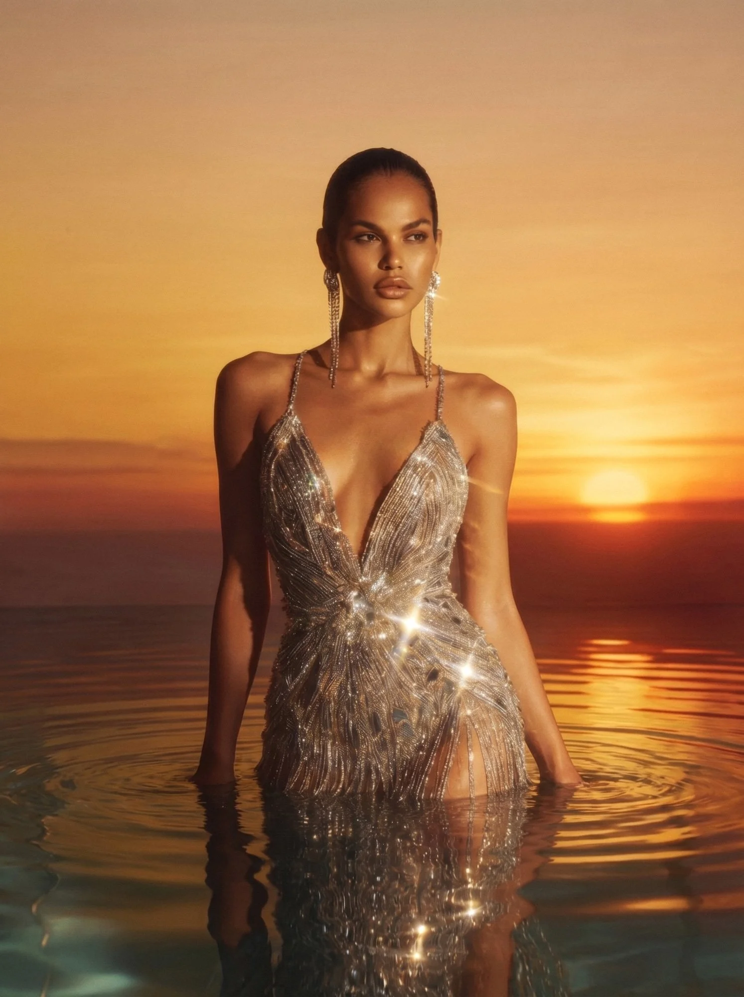 Female model in reflective water at sunset wearing a sparkling luxury gown and statement jewellery, captured in golden cinematic light. By Yannick De Bakongo