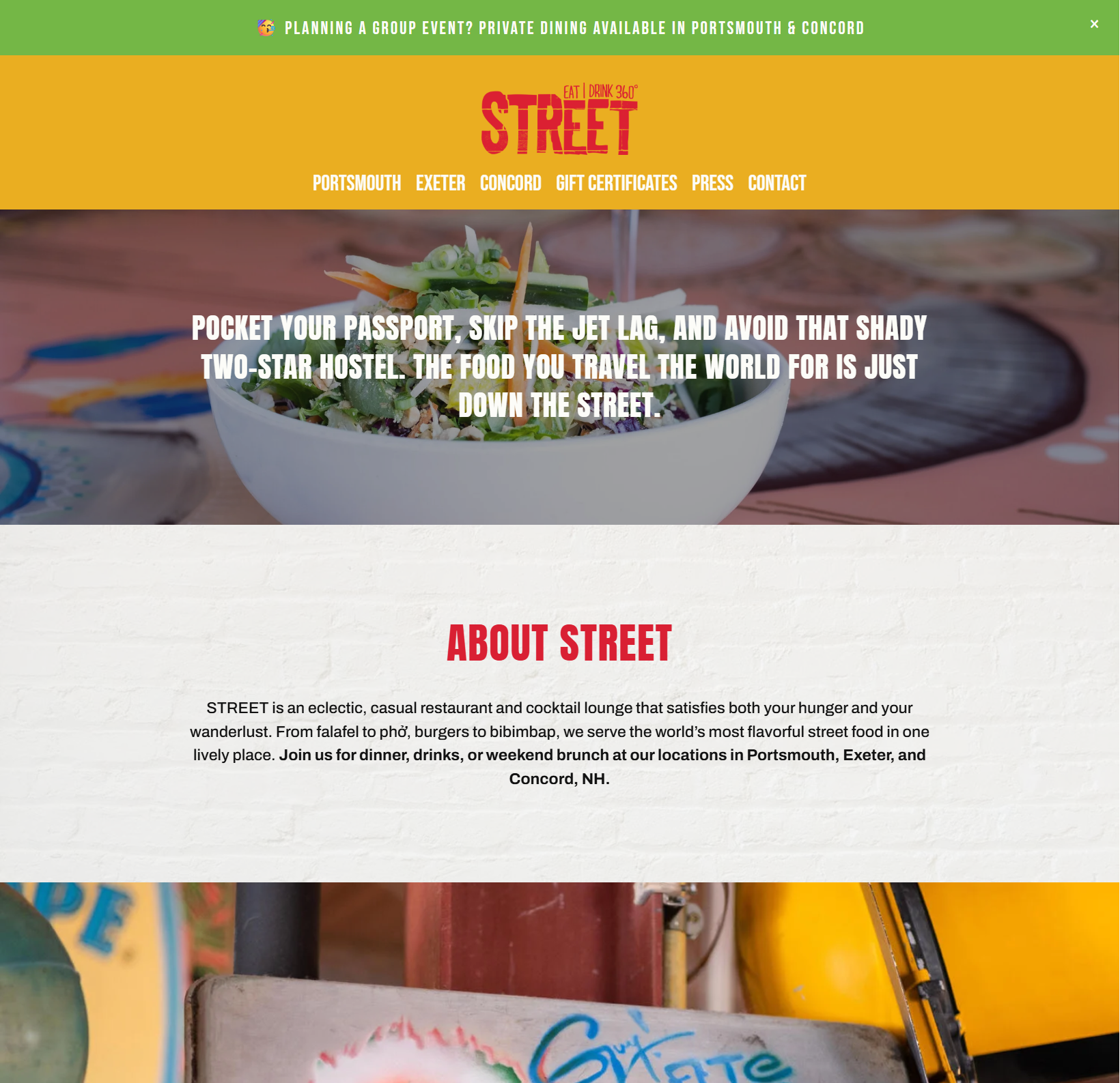 Multi-location restaurant website built on Squarespace for Street Food 360, featuring multiple concepts and locations with ongoing management and updates.