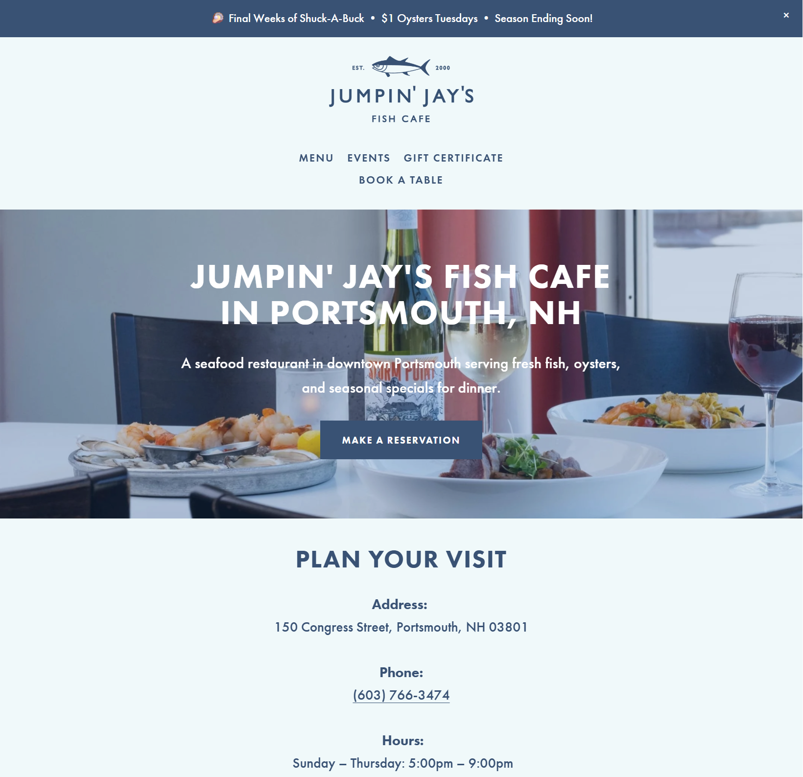Squarespace restaurant website for Jumpin' Jay's Fish Café in Portsmouth, New Hampshire. Website migrated to Squarespace with ongoing maintenance and content updates.