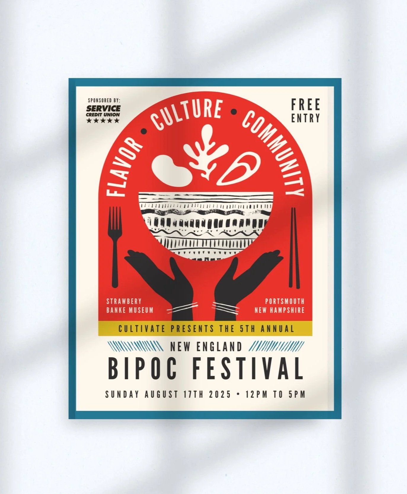 Event poster for the 5th annual BIPOC Festival in New England, featuring flavors of community and culture. Date and time: Sunday, August 17, 2025, from 12 PM to 5 PM, at the Strawberry Banke Museum in Portsmouth, New Hampshire. Sponsored by Service C