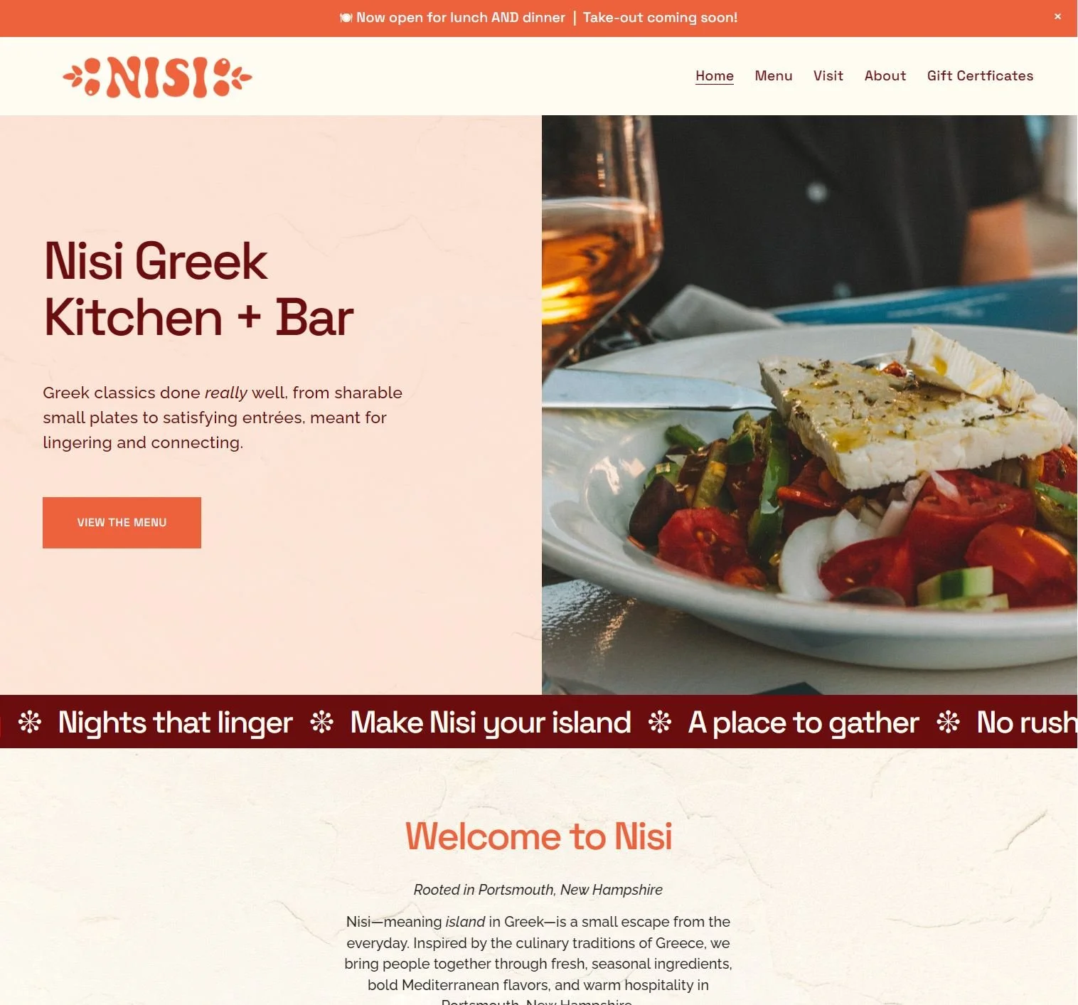 Homepage design for Nisi Greek Kitchen + Bar featuring Greek salad photography, wine, and a clean restaurant navigation layout.