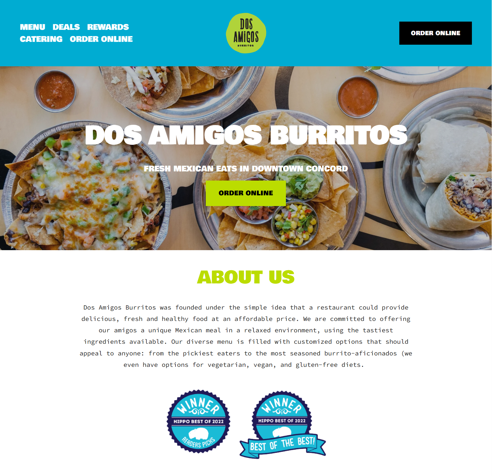 Squarespace website for Dos Amigos Burritos, a New Hampshire restaurant brand. Migrated to Squarespace with ongoing website management and updates.