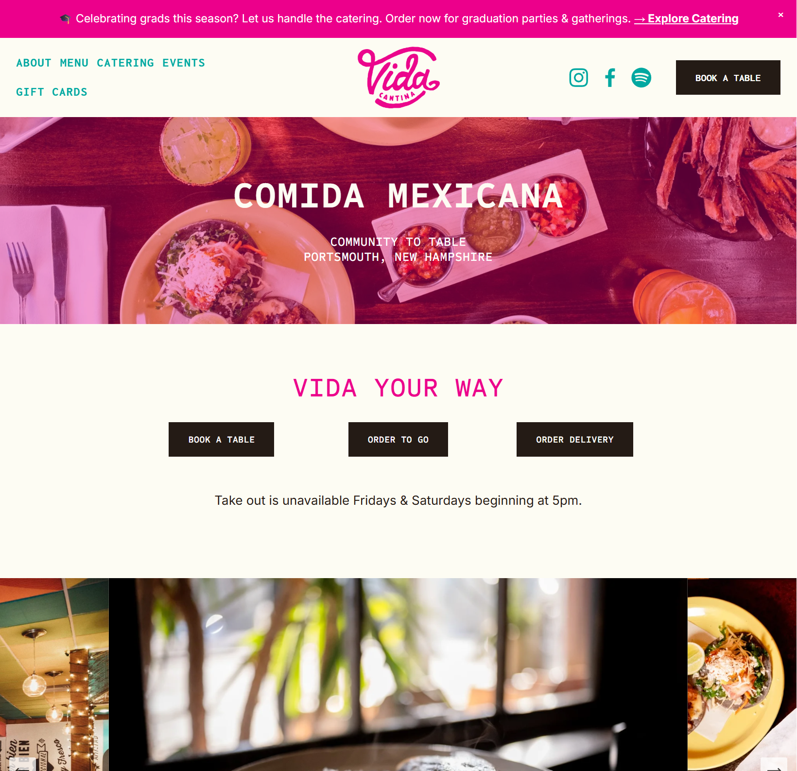 Squarespace restaurant website for Vida Cantina in Portsmouth, New Hampshire. Migrated to Squarespace with ongoing maintenance and website updates.