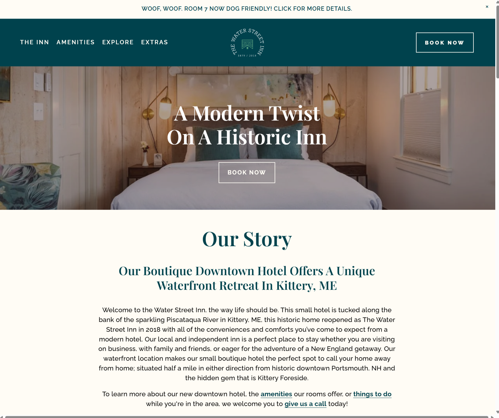 Squarespace hotel website for Water Street Inn in Kittery, Maine, with ongoing website management, content updates, and guest information.