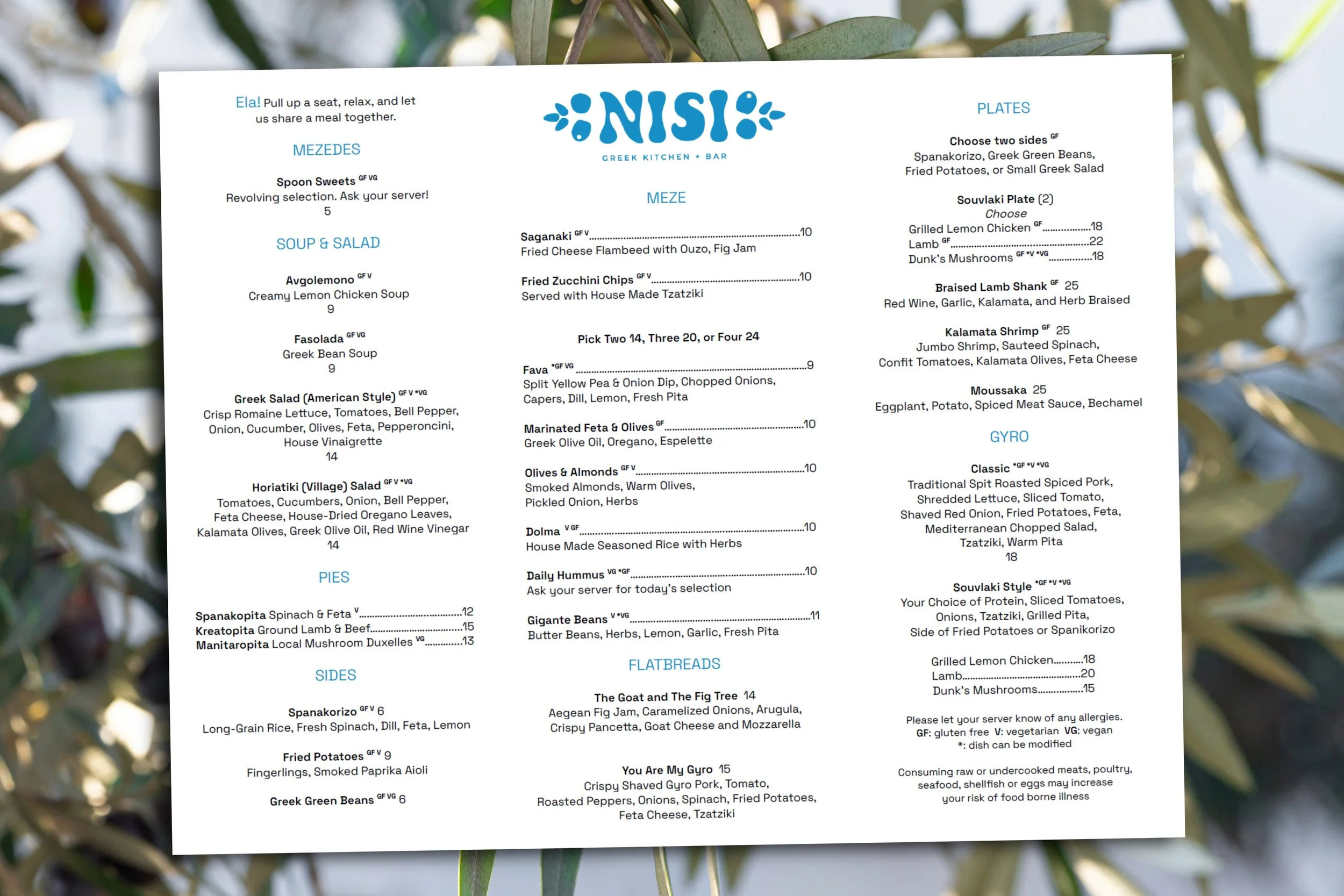 Printed menu design for Nisi Greek Kitchen + Bar featuring mezedes, soups, salads, pies, plates, and gyros.