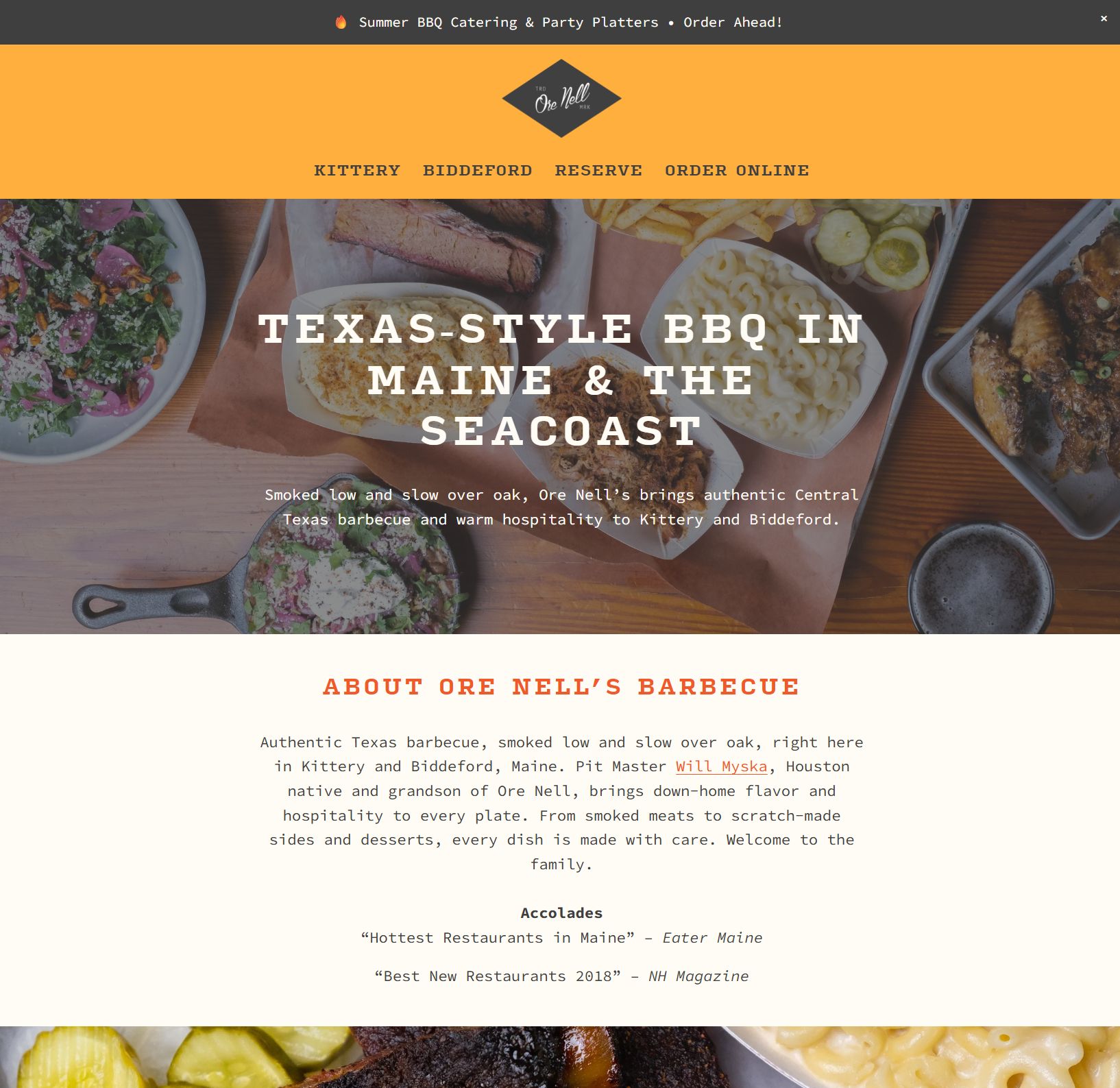 Multi-location barbecue restaurant website built on Squarespace for Ore Nell's Barbecue with ongoing website management and updates.