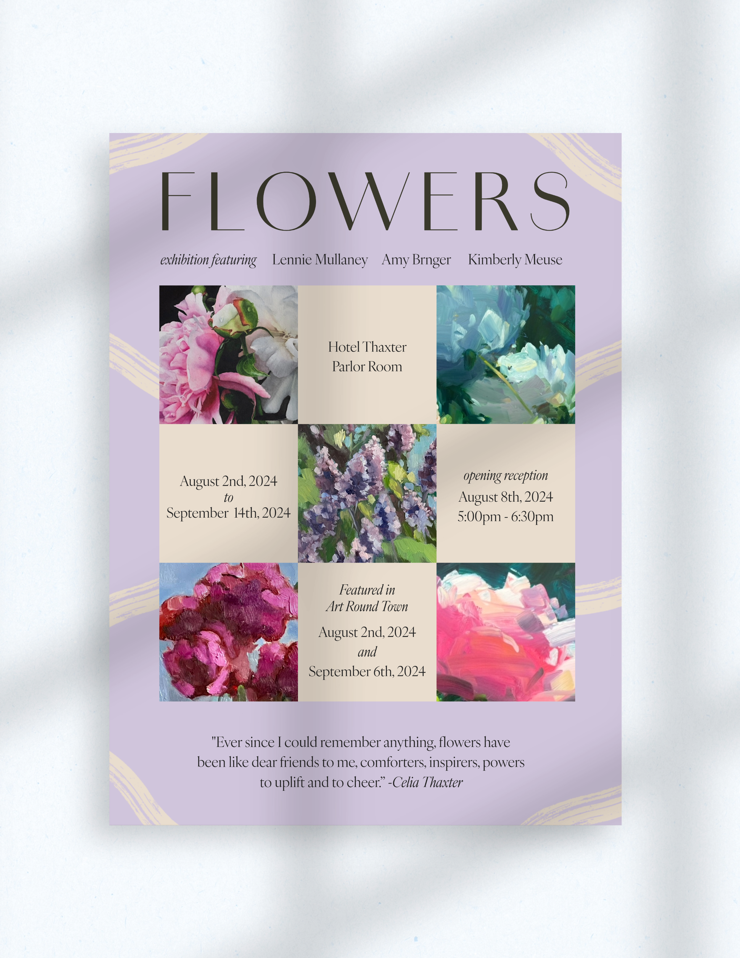 Hotel Thaxter Flowers art exhibition flyer featuring floral artwork and event details