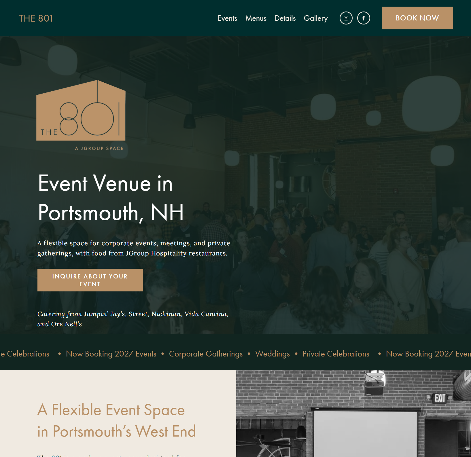 Squarespace website design for The 801 Event Space, a private event venue in Portsmouth, New Hampshire.