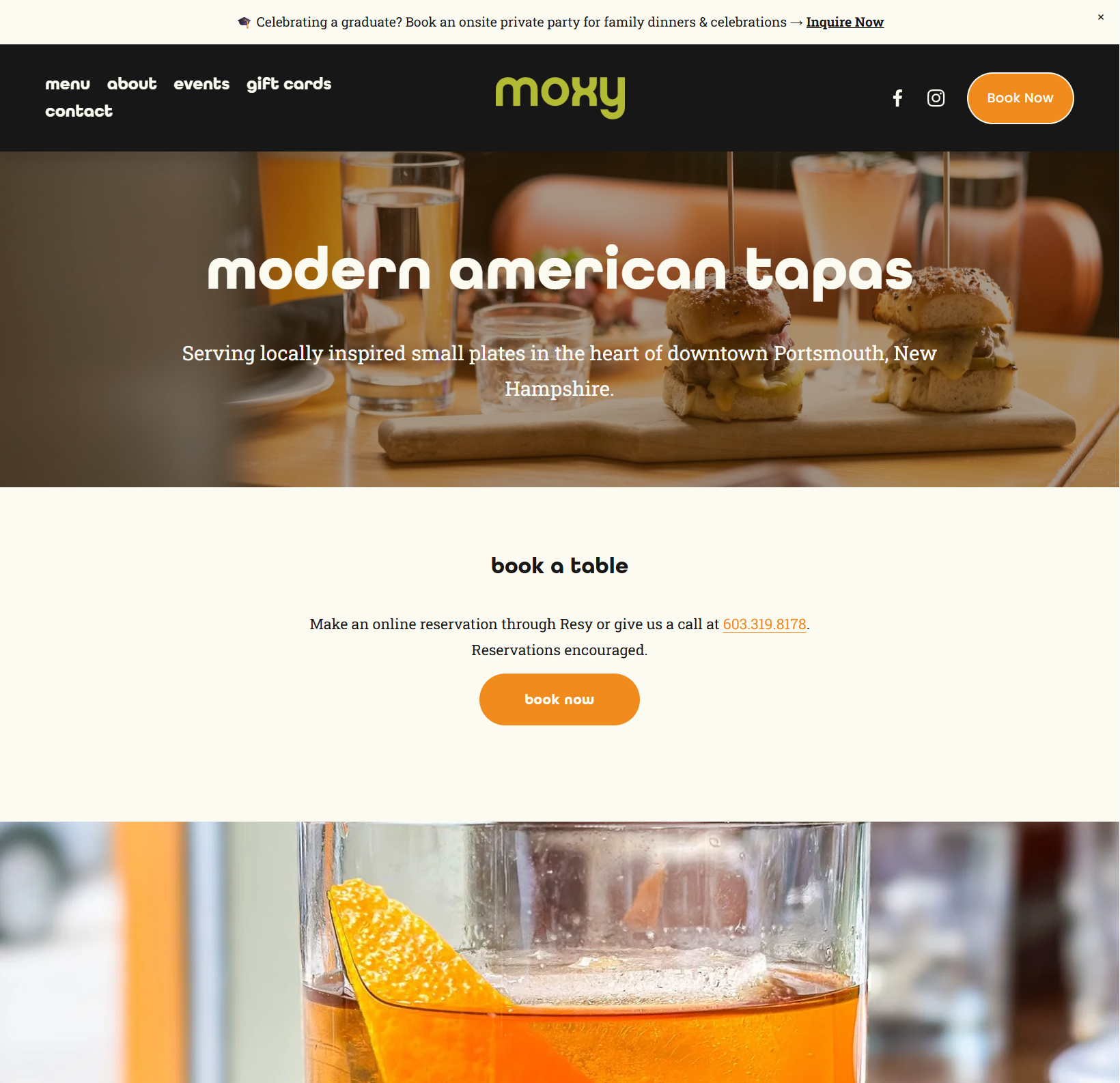 Custom Squarespace website for Moxy Portsmouth restaurant and cocktail bar in Portsmouth, New Hampshire.