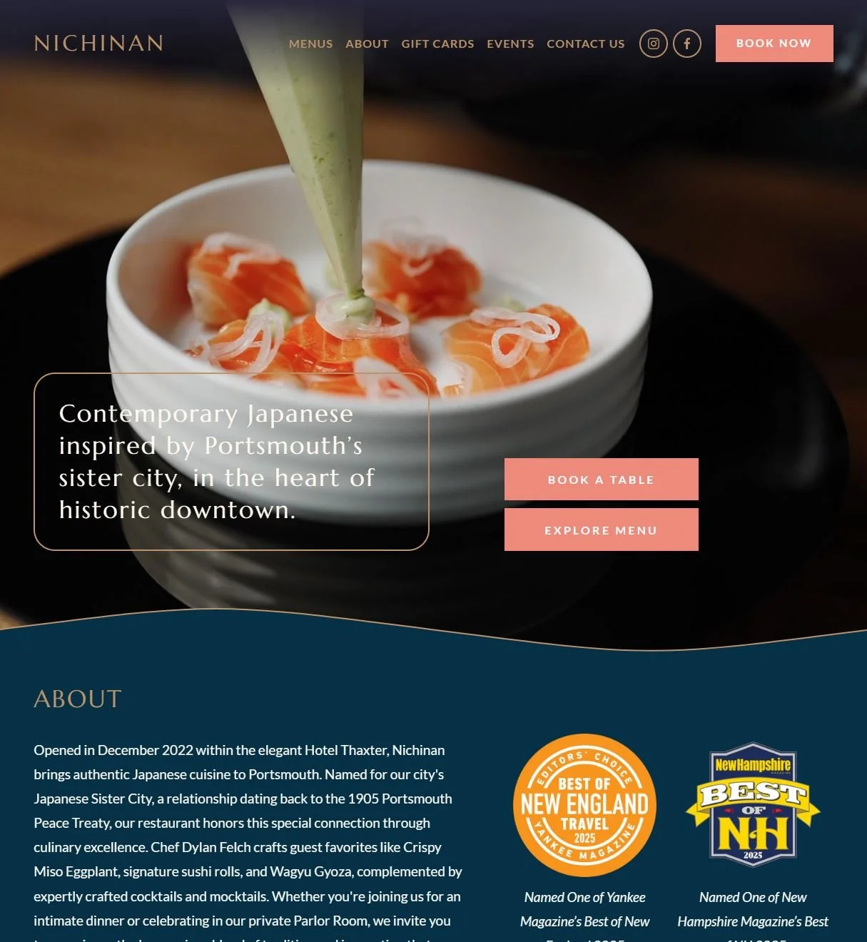 Homepage design for Nichinan featuring contemporary Japanese dish with salmon sashimi, thinly sliced onions, and green drizzle served in a white bowl.