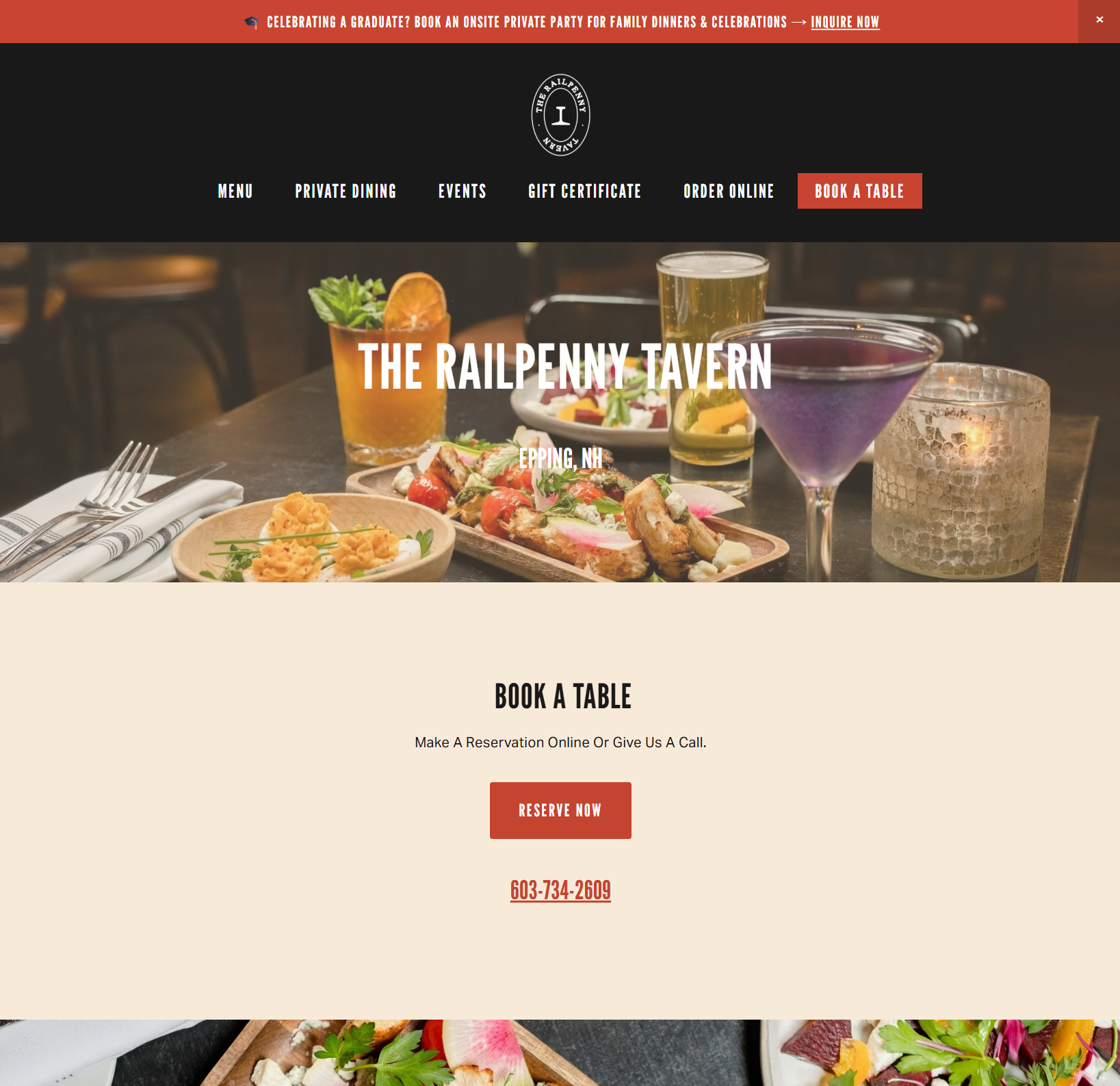 Custom Squarespace website for Railpenny Tavern, a modern American restaurant in Epping, New Hampshire.