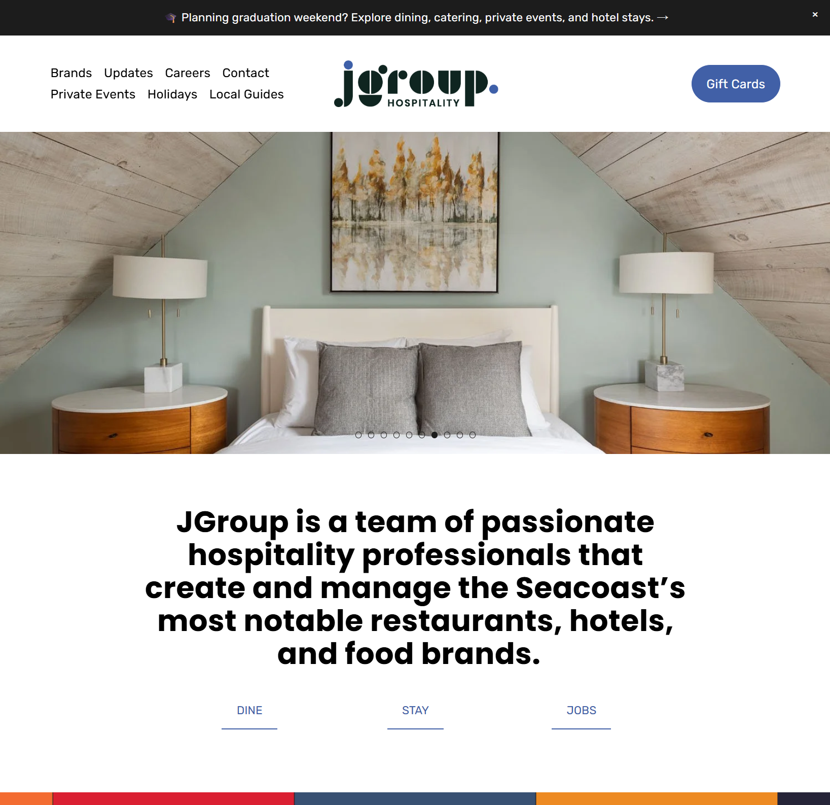 Custom Squarespace website for JGroup Hospitality showcasing restaurant, hotel, and event venue brands throughout New England.
