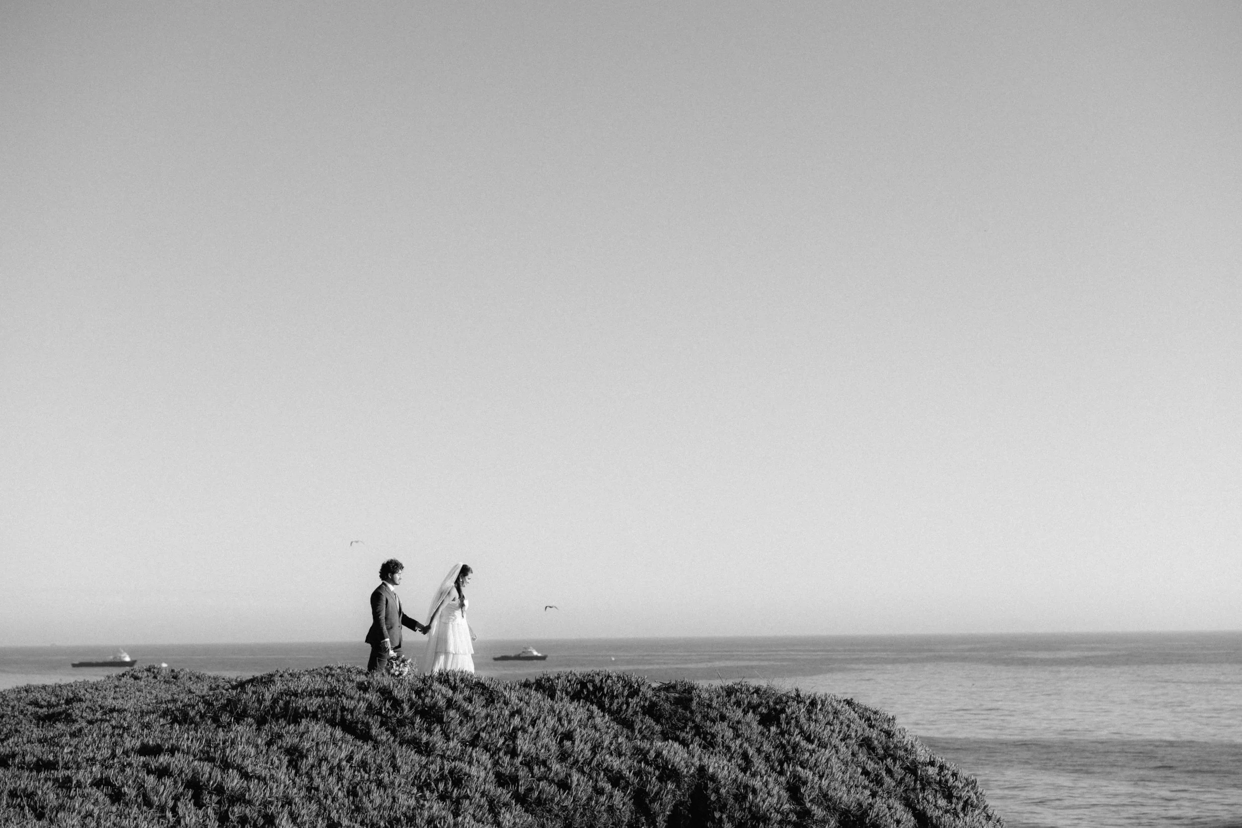 Bride and groom portraits on a cliff beach