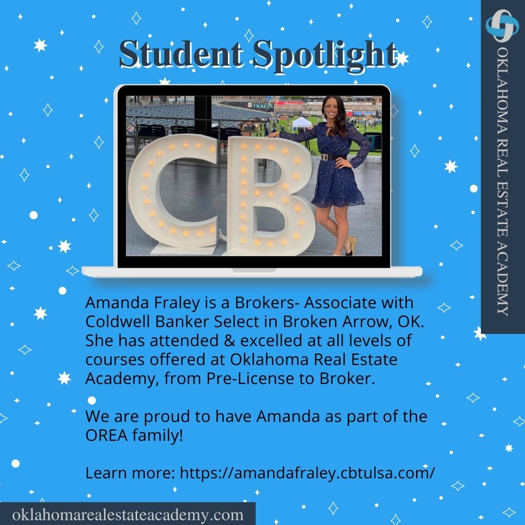 Amanda is one of OREA's Shining Stars, paving the way for future agents. Visit us (link in bio)  to see how OREA can help you achieve success! 

#oklahomarealestate #oklahomarealestateacademy #tulsa #oklahomacity #realestatelife #realtorlife #broker 