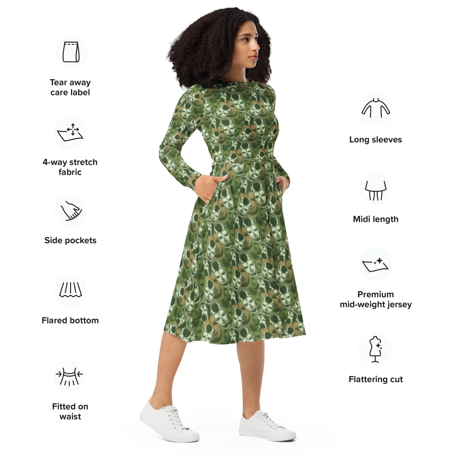 long-sleeve-midi-dress-pockets-Halloween-spooky-punk-goth-green-camouflage-camo-skull  entirely Wicked