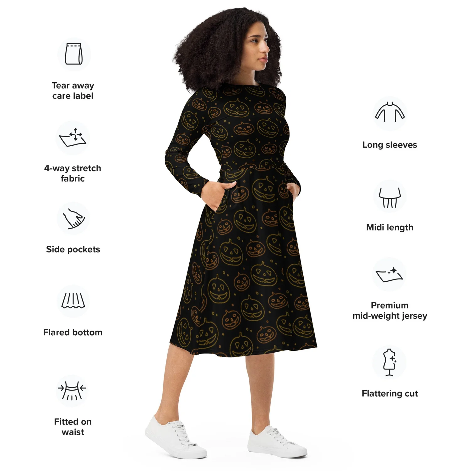 long-sleeve-midi-dress-pockets-Halloween-spooky-punk-goth-black-pumpkin-outline-jack-o-lantern  entirely Wicked