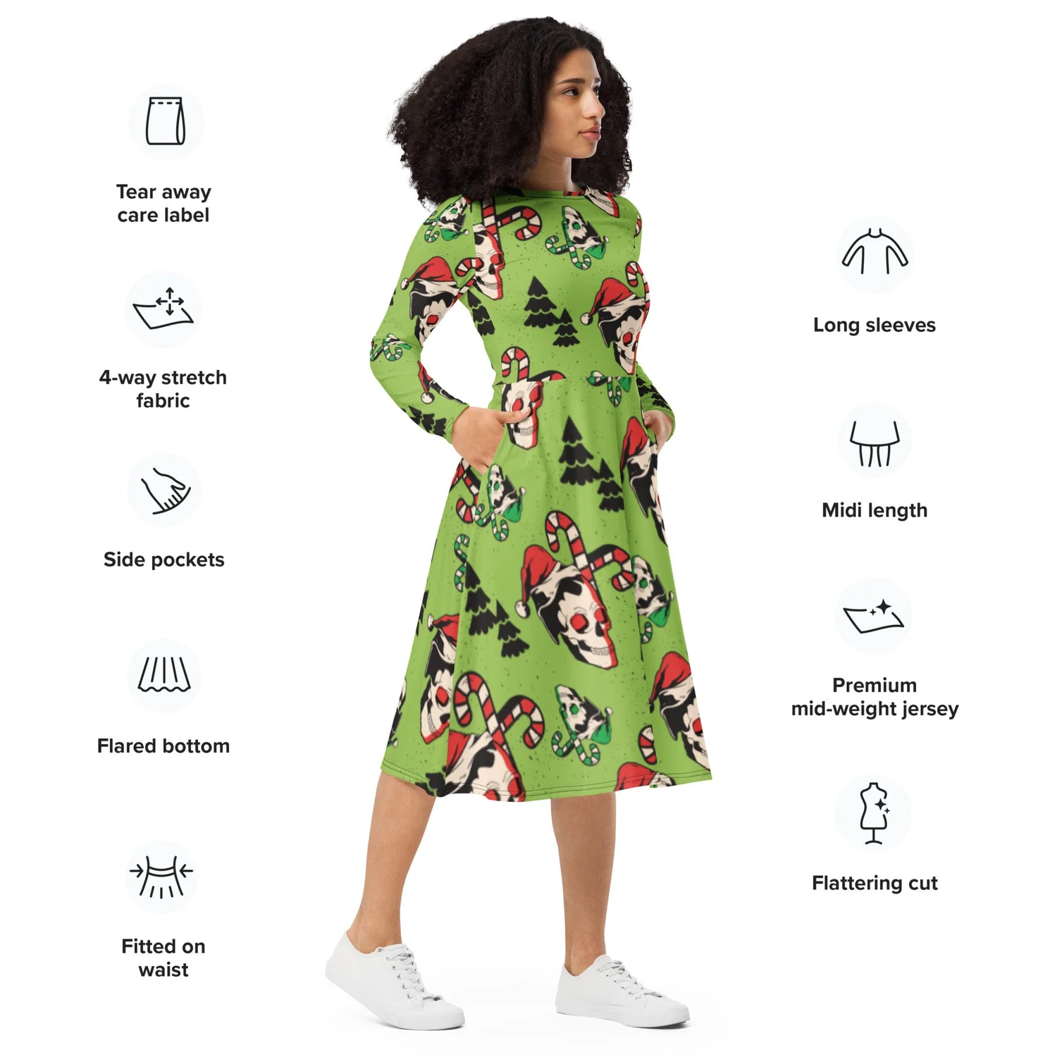 long-sleeve-midi-dress-pockets-Halloween-spooky-punk-goth-Christmas-spookmas-creepmas-skull-candy   entirely Wicked