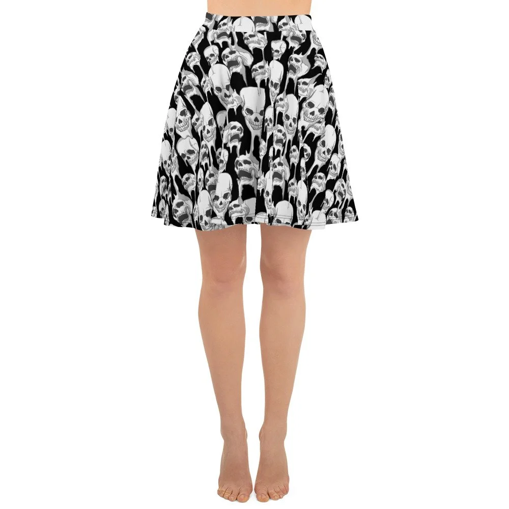 circle-skater-skirt-spooky-Halloween-punk-goth-black-white-melting-skulls