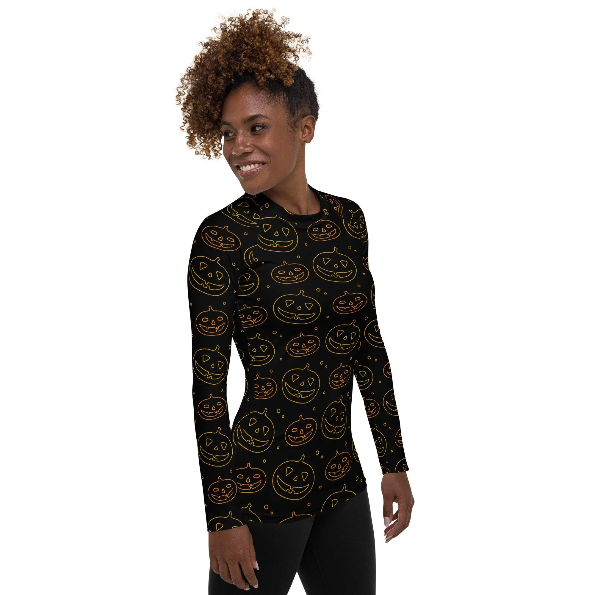 fitted-rash-guard-sun-protection-surfing-spooky-Halloween-black-pumpkin-outline-jack-o-lantern