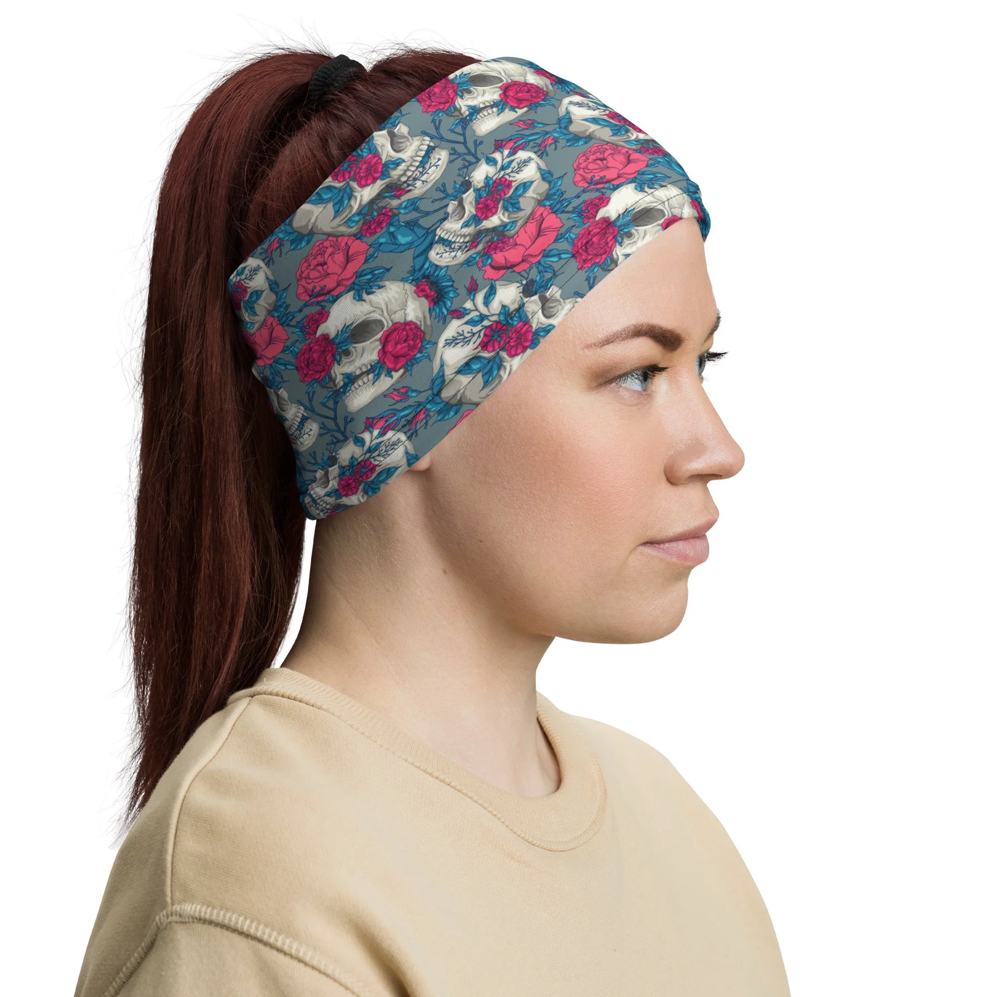 neck-gaiter-scarf-headband-goth-spooky-blue-pink-floral-goth-punk-rose-skull