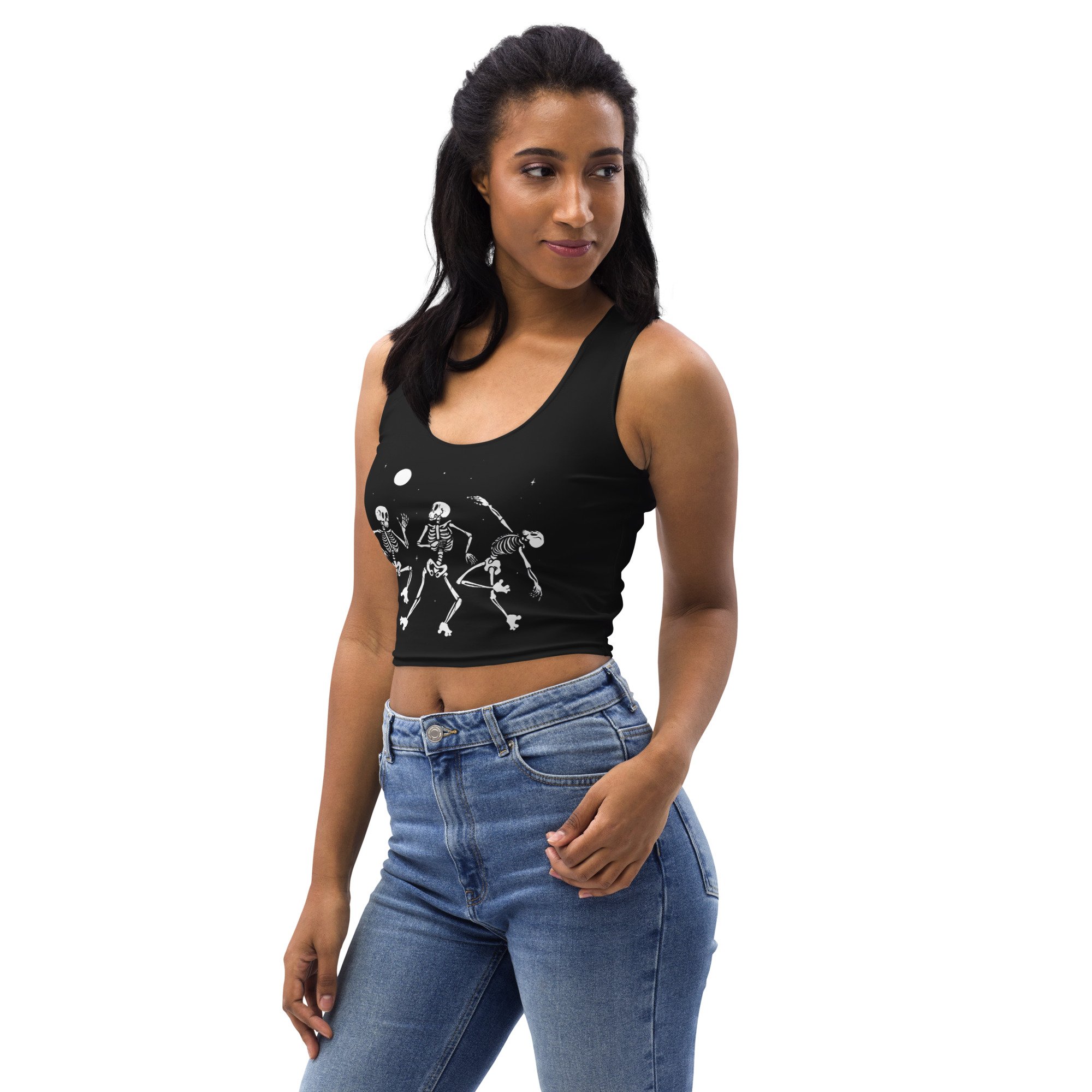 crop-workout-tank-top-dancing-skeleton-roller-skating-scrimmage-jersey-spooky