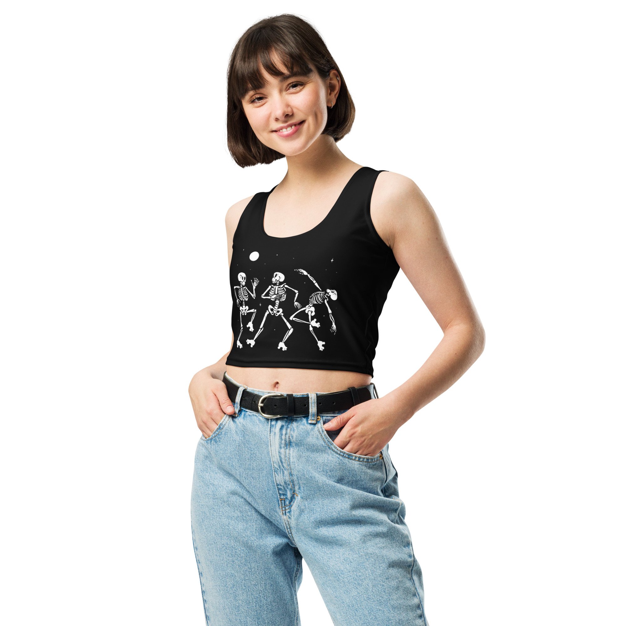 crop-workout-tank-top-dancing-skeleton-roller-skating-scrimmage-jersey-spooky