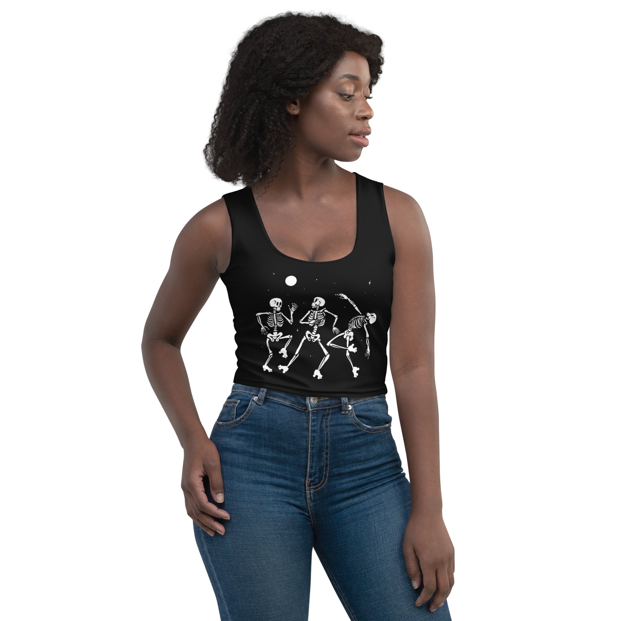 crop-workout-tank-top-dancing-skeleton-roller-skating-scrimmage-jersey-spooky