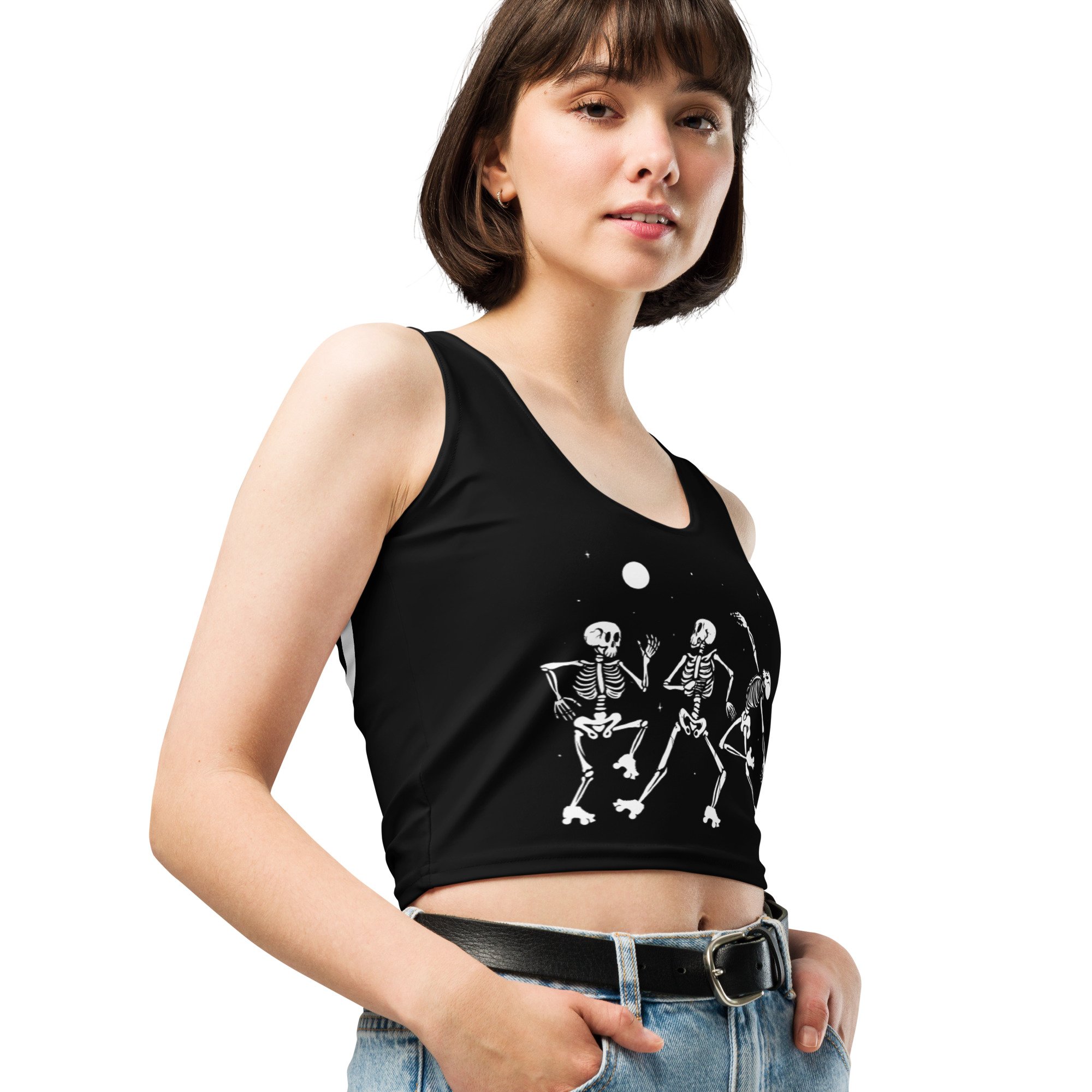 crop-workout-tank-top-dancing-skeleton-roller-skating-scrimmage-jersey-spooky
