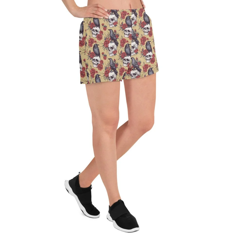 athletic-shorts-workout-exercise-activewear-running-skull-raven-roses-goth-punk-flowers-skulls