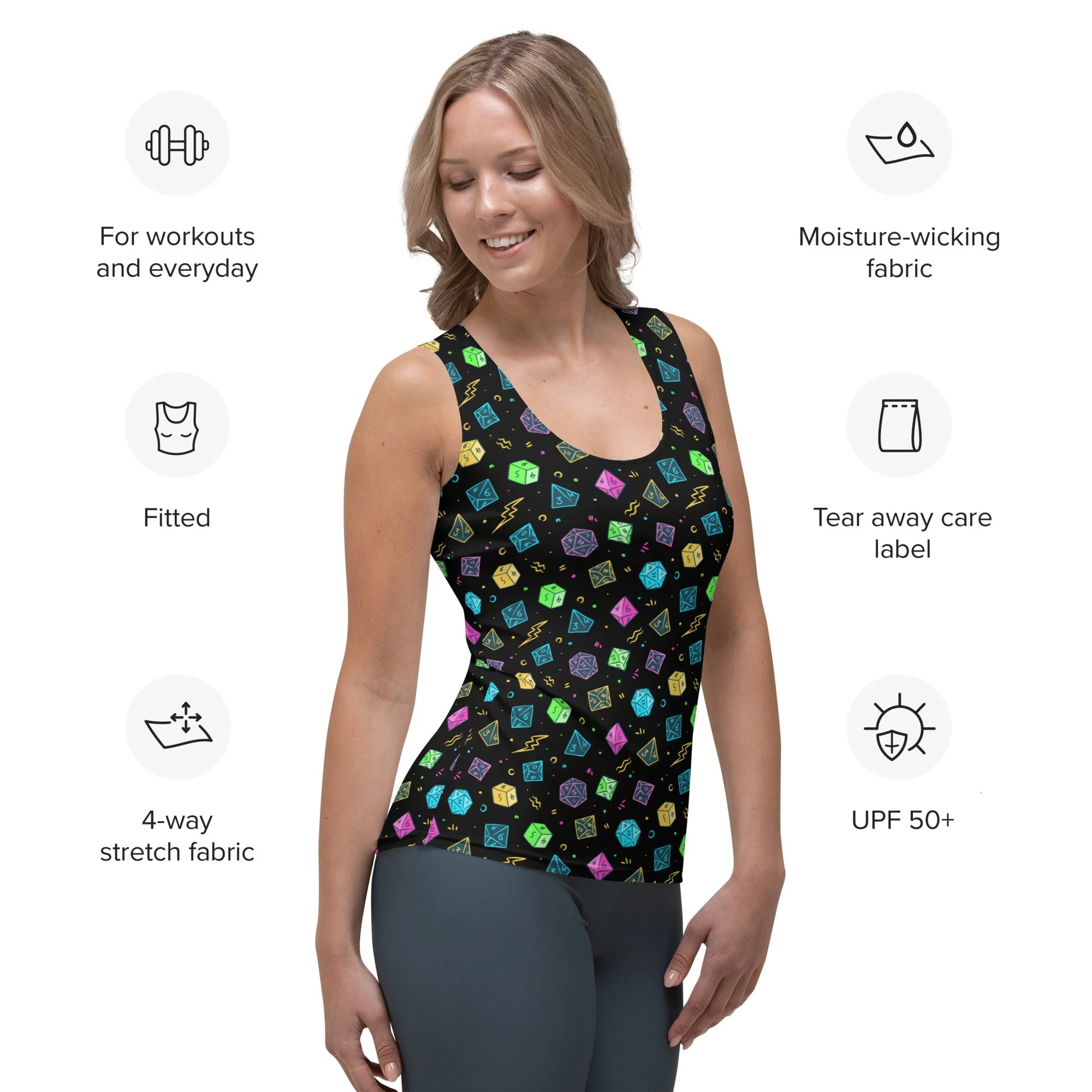 Fitted-tank-top-activewear-workout-mix-match-neon-role-playing-dice-board-game-costume-party