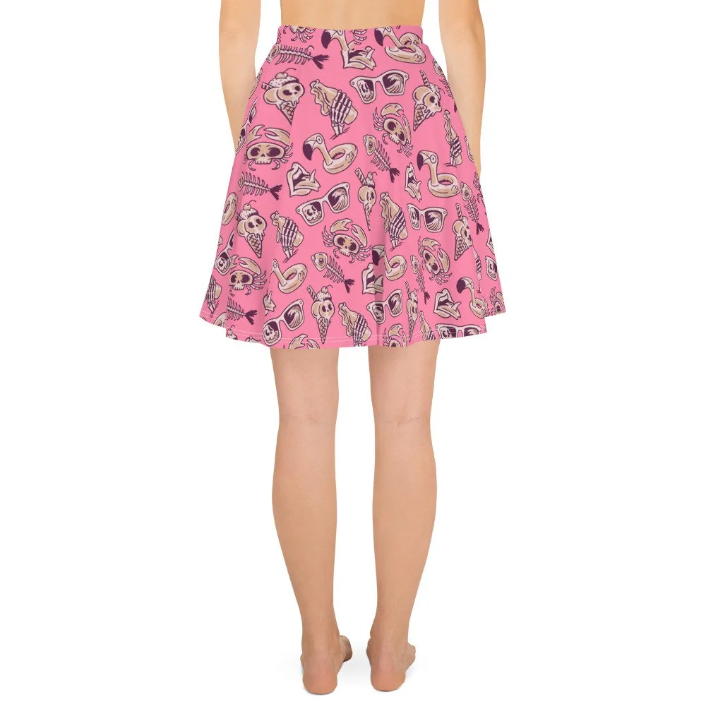 circle-skater-skirt-spooky-Halloween-summerween-summer-beach-surfing-skeleton-crab-skull-ice-cream-pink