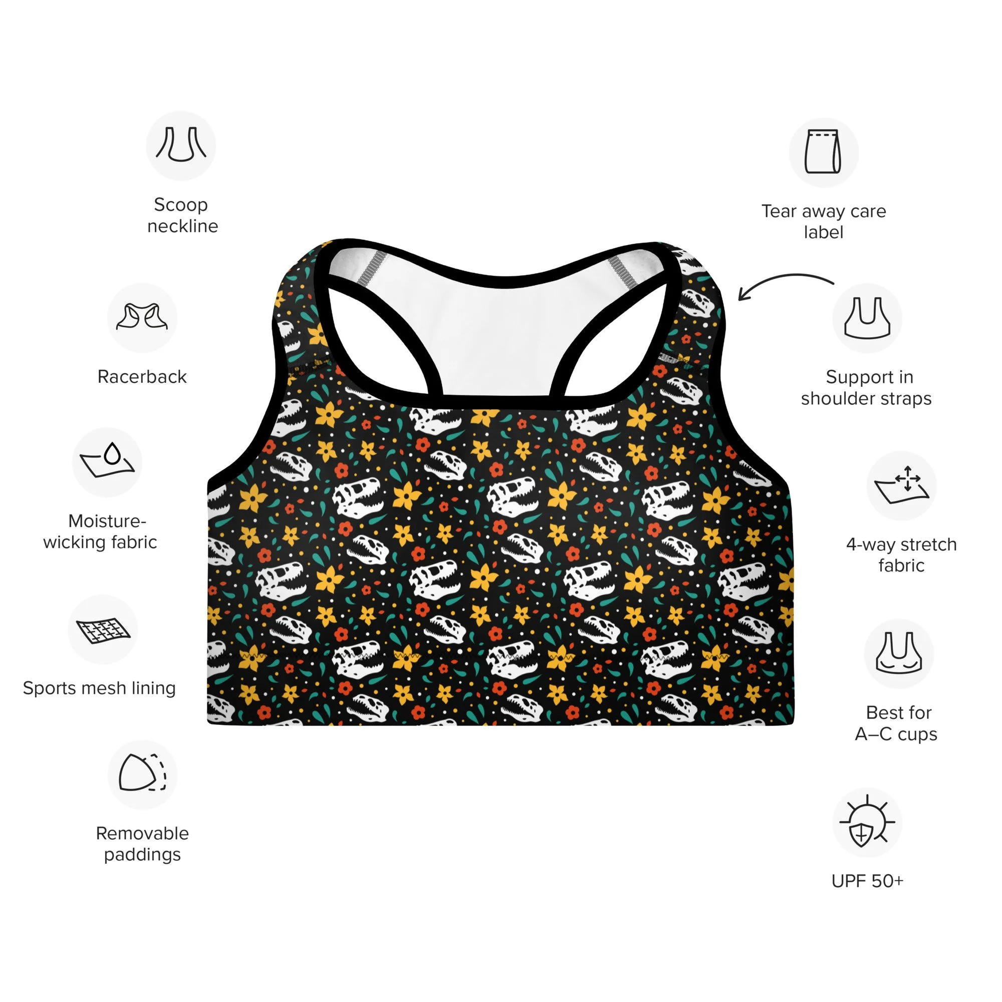 workout-sports-bra-mix-match-halloween-spooky-tyrannosaurus-rex-dinosaur-skull-skeleton-floral-dino